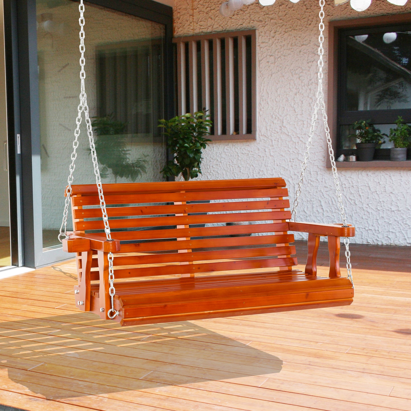 Wooden Patio Swing Chair 2 Seater Porch Swing with Cup Holder Chains Outdoor Bench for Garden Yard Brown Kids Crystal