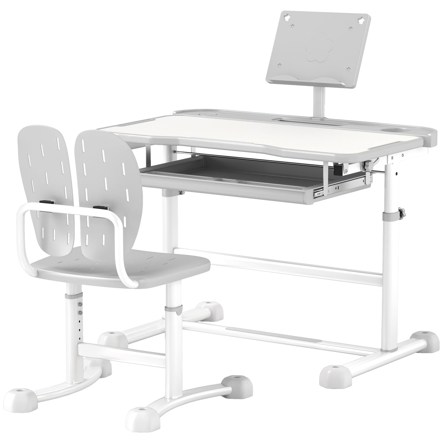 Height Adjustable Kids Desk and Chair Set with Tilt Desktop, Large Writing Board, Storage Drawer, Book Stand, Grey Kids Crystal