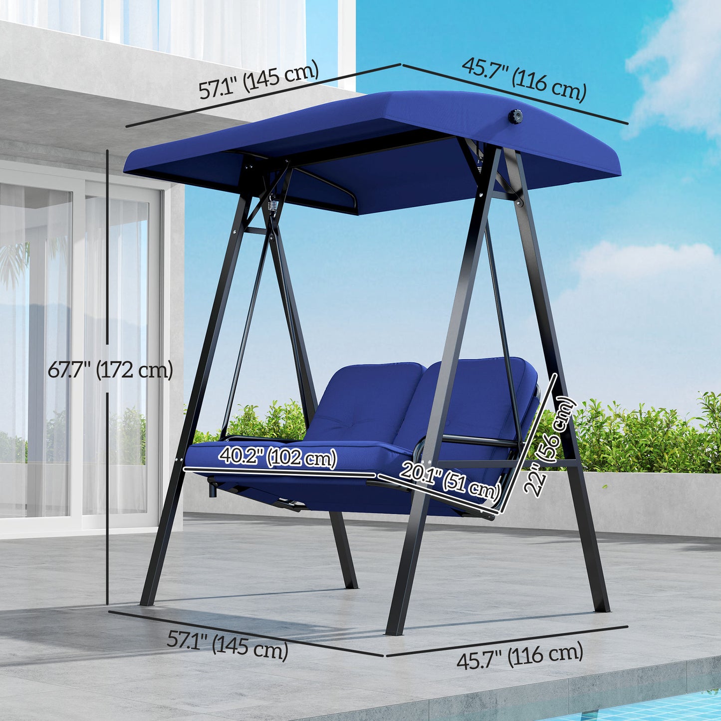 2-Seater Outdoor Porch Swing with Adjustable Canopy, Patio Swing Chair for Garden, Poolside, Backyard, Dark Blue
