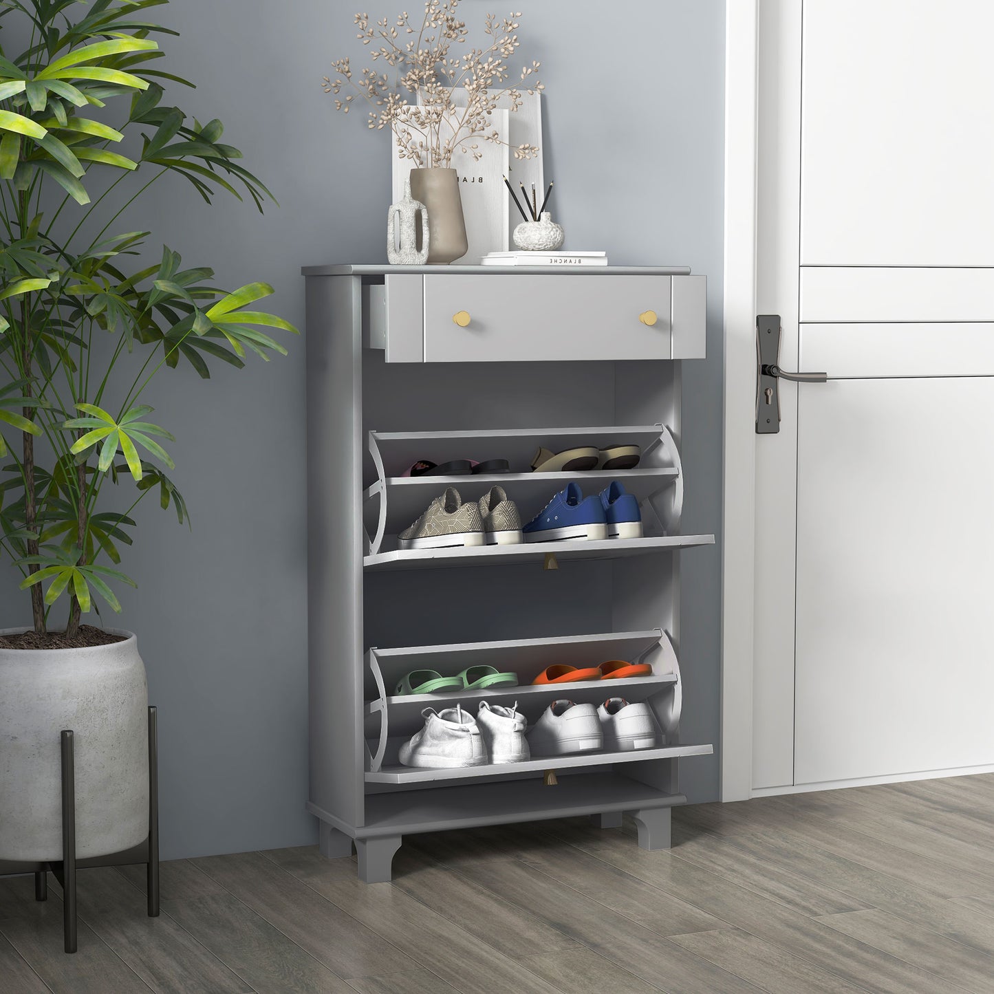 Slim Shoe Storage with 2 Flip Drawers and Adjustable Shelves Shoe Cabinet Organizer for 8 Pair, Grey Kids Crystal