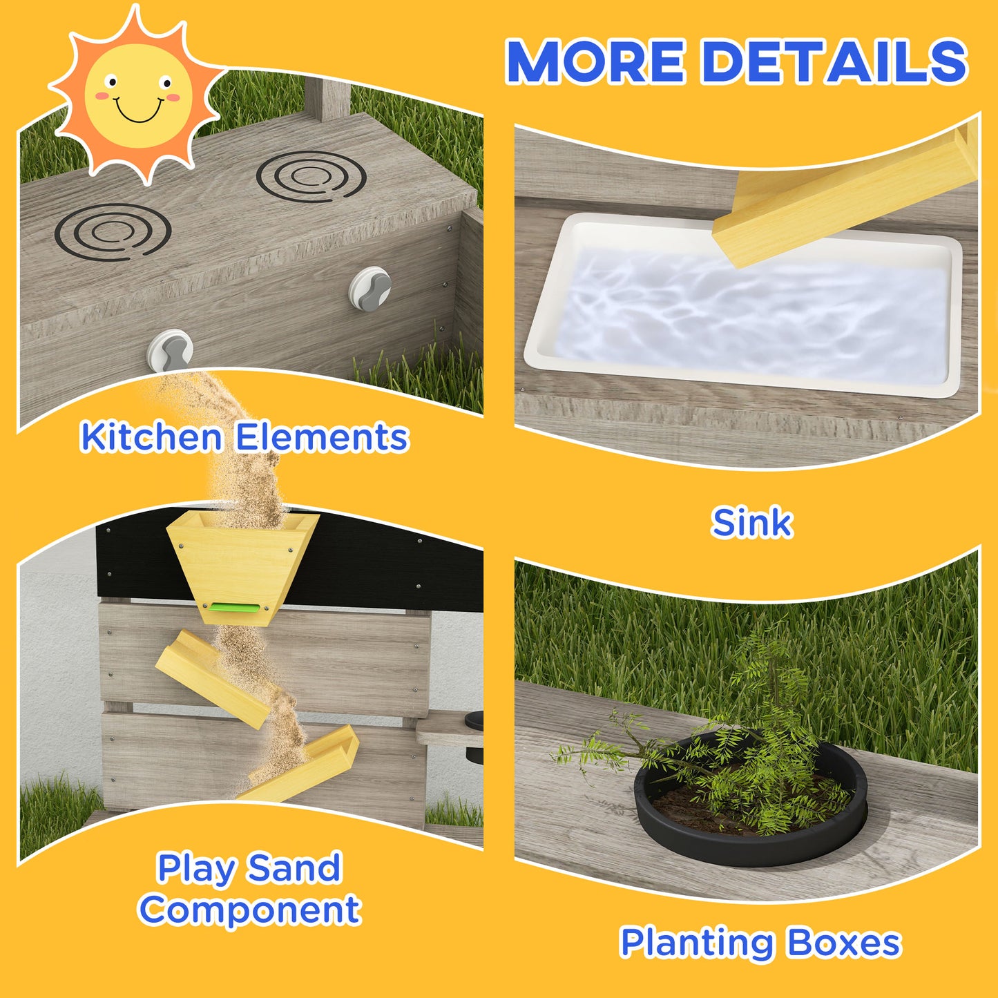 Kids Wooden Sandbox with Protective Liner Kitchen Theme for Outdoor Garden Backyard Play Kids Crystal