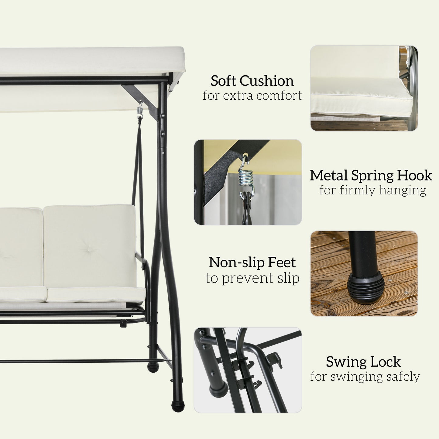 Convertible Patio Swing Bed with Canopy and Cushions, 3 Seater Porch Swing for Outdoor, Backyard, Garden, Cream White Kids Crystal