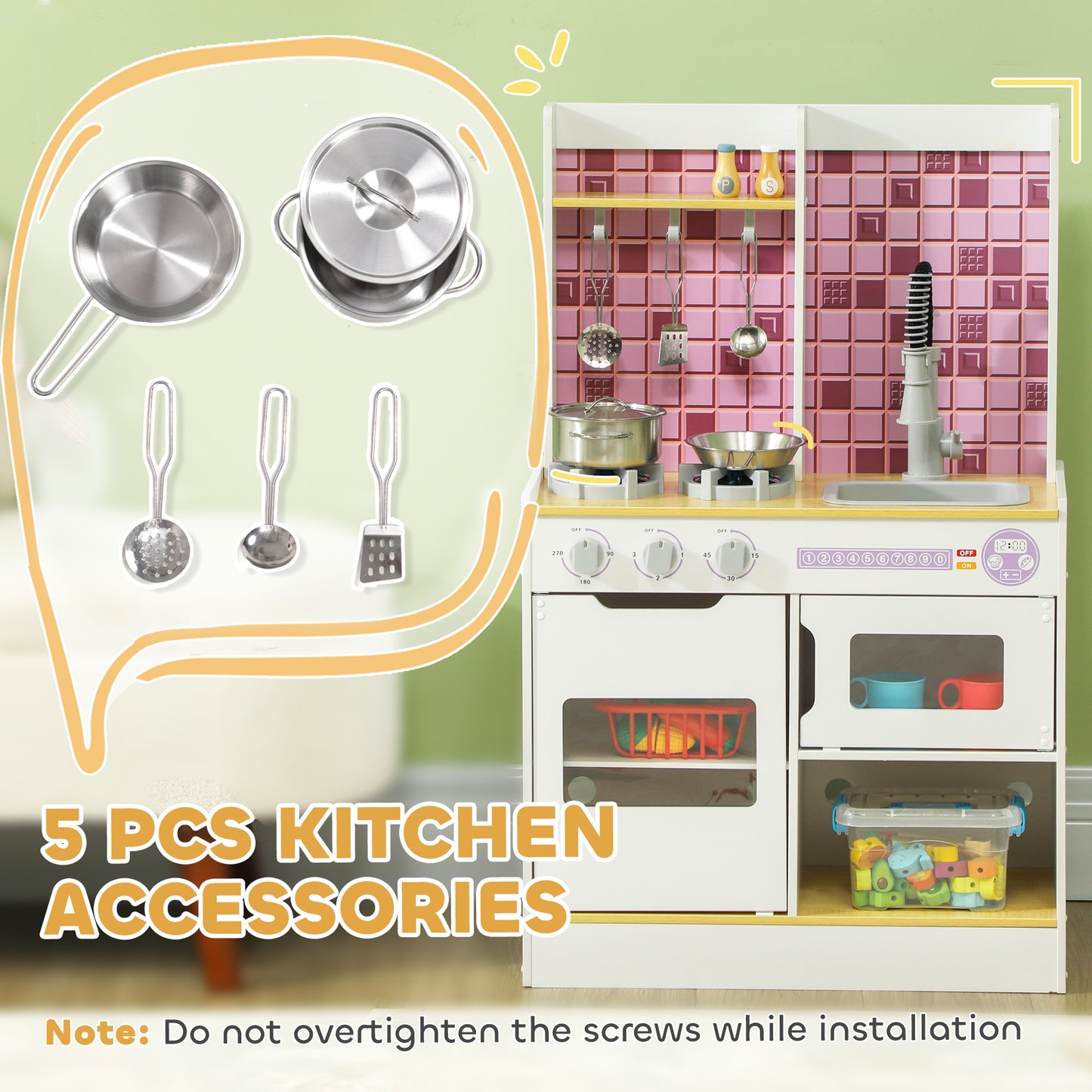 Play Kitchen Set for Kids, Kids Kitchen Playset with Realistic Lights & Sounds, Sink, Oven, Stove, White Kids Crystal