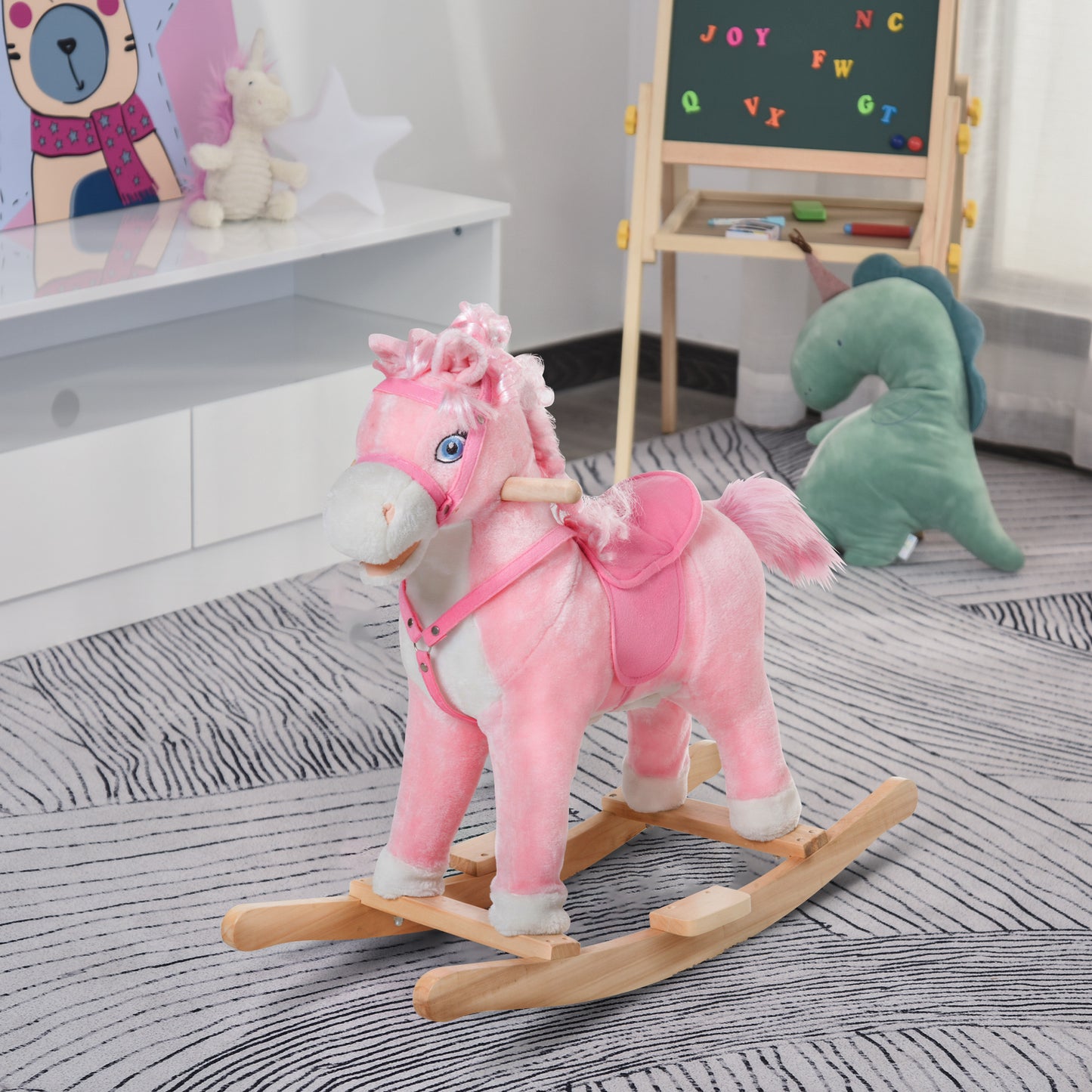 Kids Plush Rocking Horse Poney Child Ride On Toy Rocker w/ Realistic Sounds Pink Kids Crystal