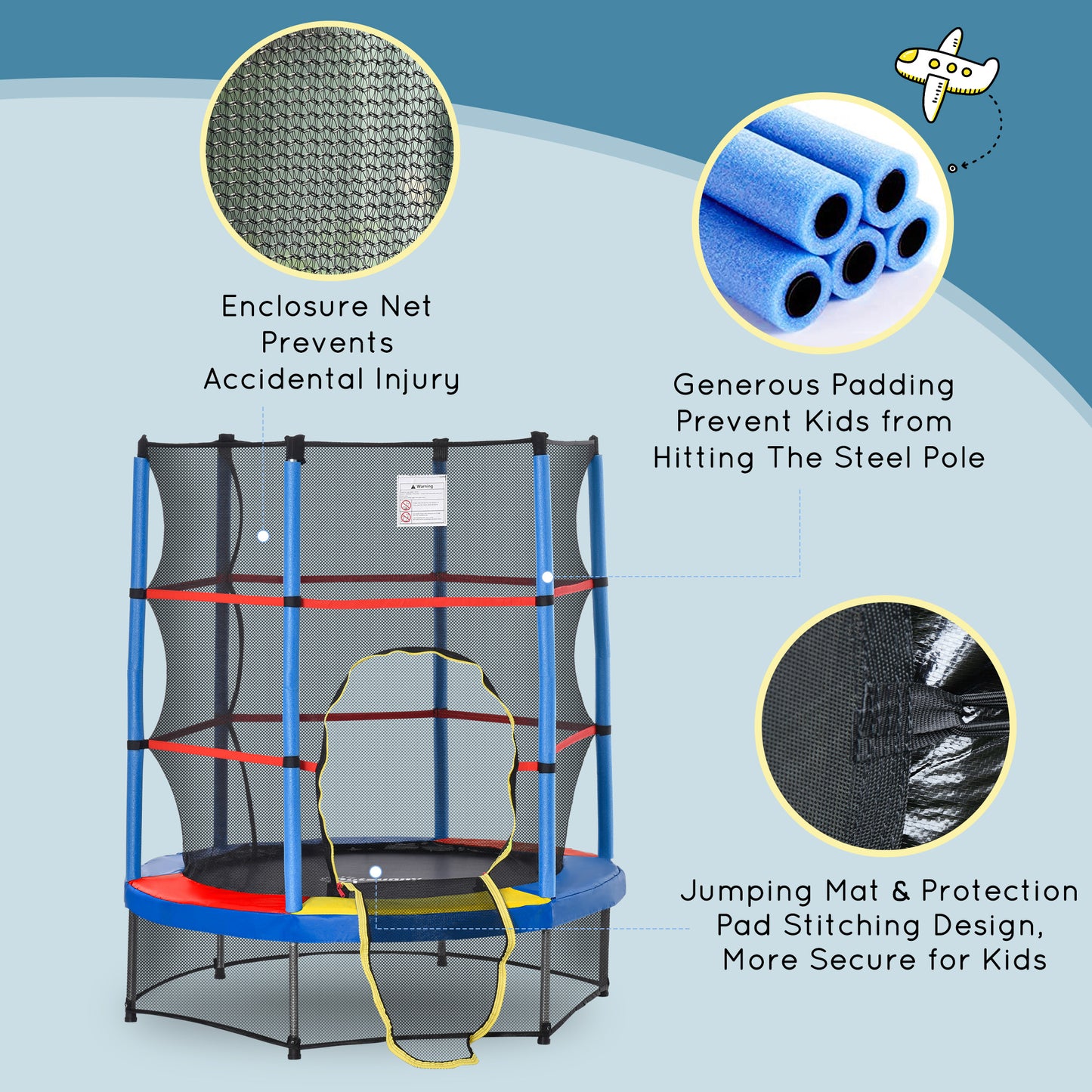 Kids Trampoline: ?55" Round, Safety Net, Indoor Bouncer, 3-6 Years, Steel Frame, Multi-Coloured Kids Crystal
