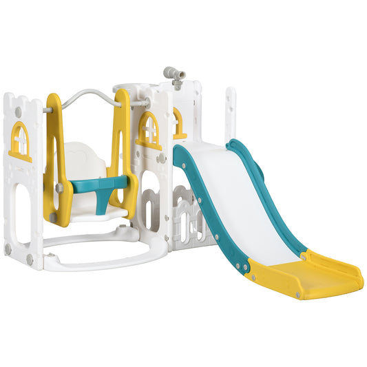 6-in-1 Slide and Swing Set Baby Swing Playset Indoor with Basketball Hoop, Climber, Storage Space, Telescope, Yellow Kids Crystal