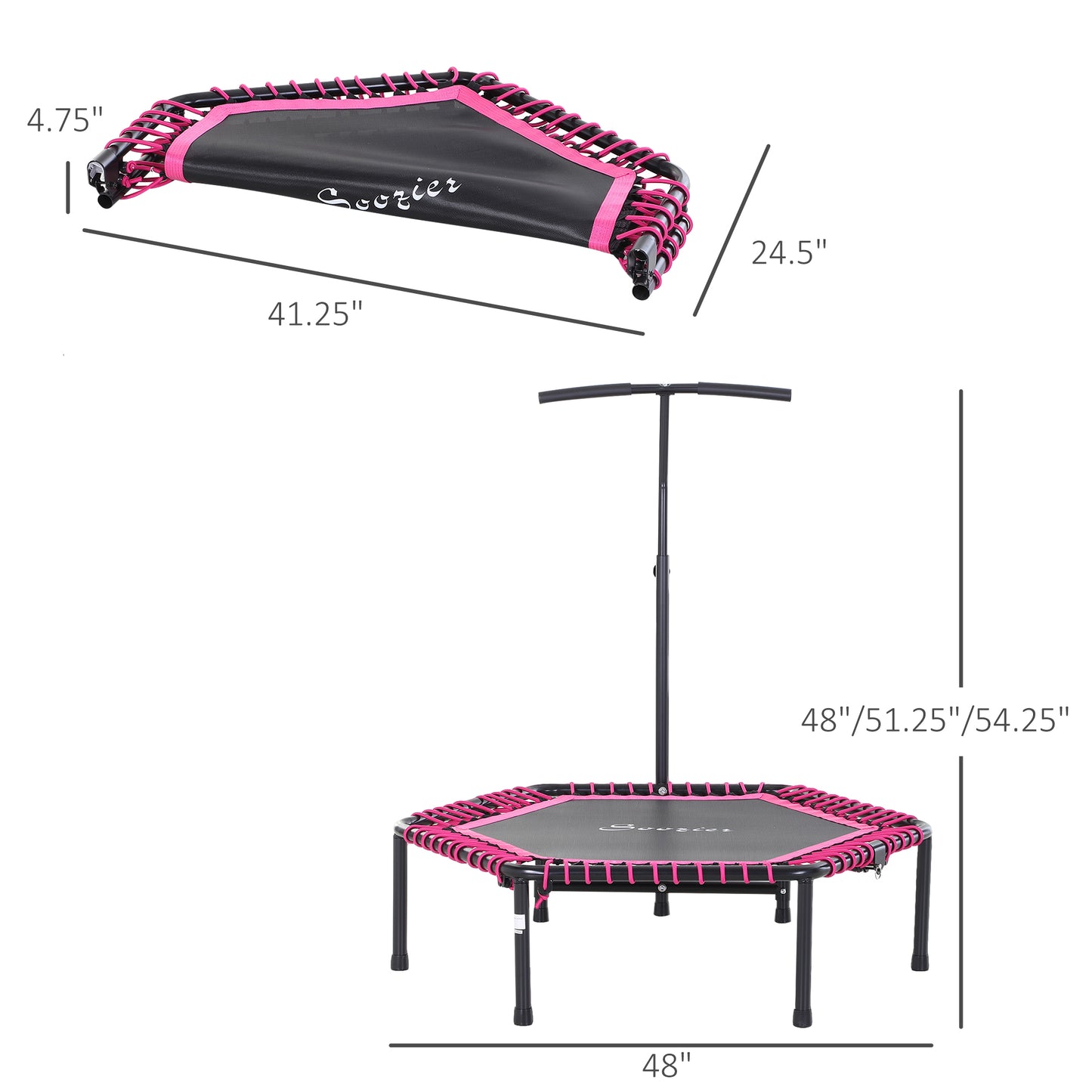 Hexagon Mini Trampoline 48" Adult Fitness Rebounder with Adjustable Handle Pink Cardio Trainer Outdoor Bouncer Kids Crystal