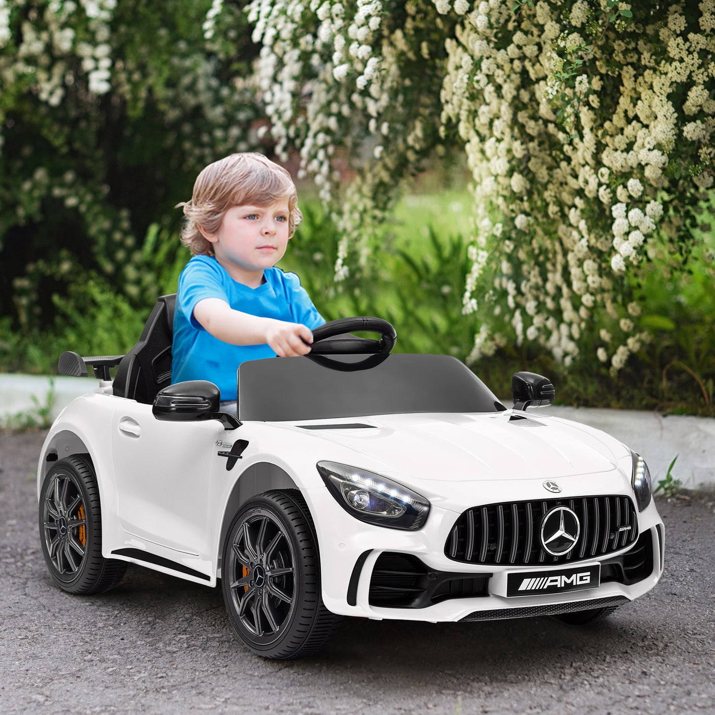 Mercedes-Benz AMG GTR Licensed 12V Battery Powered Kids Electric Car w/ Remote, Soft Start, Lights, Music Horn White Kids Crystal
