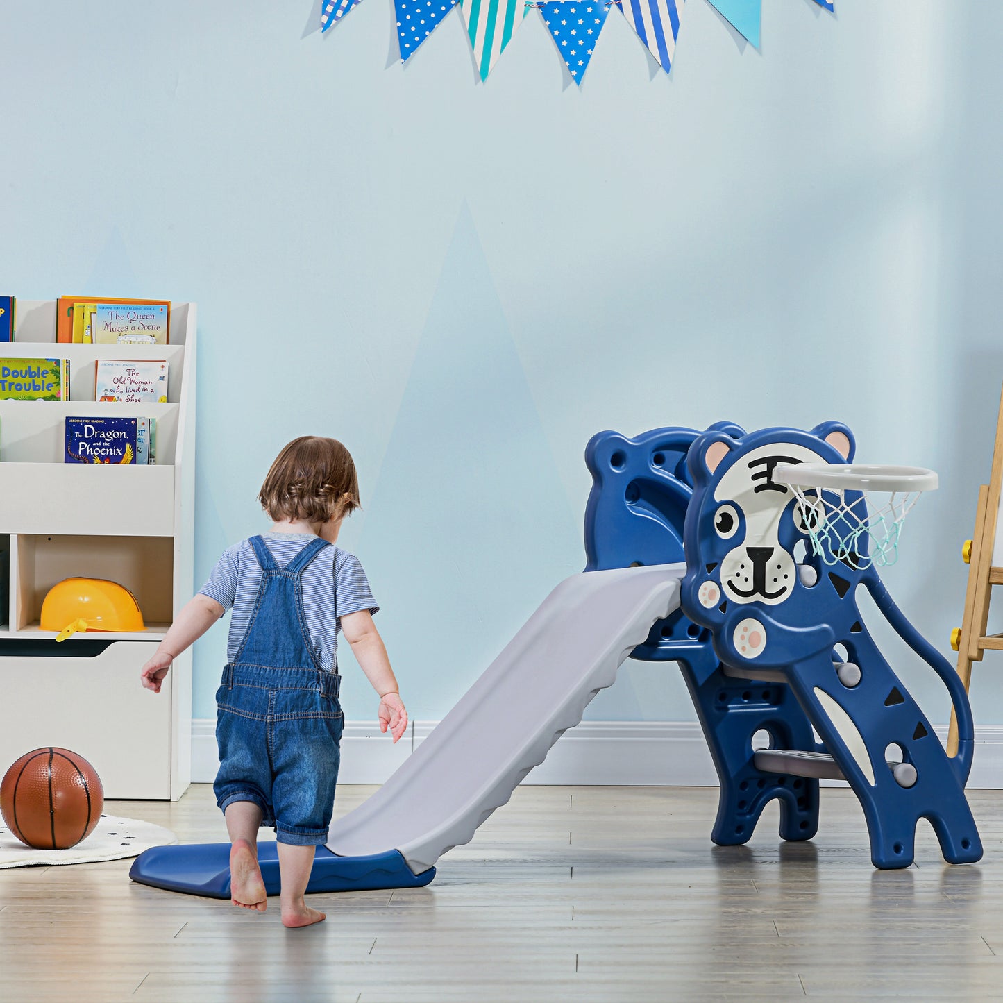 Kids Slide with Basketball Hoop Indoor Baby Slide Easy Setup for Toddlers 18-36 Months Blue Kids Crystal
