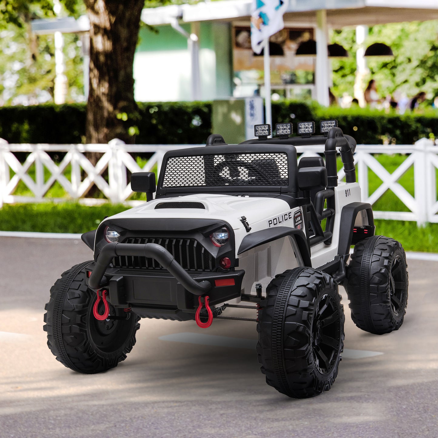 12V Battery-powered Kids Electric Ride On Police Car 2-Seater SUV Truck Toy with Parental Remote Control Bluetooth, White Kids Crystal