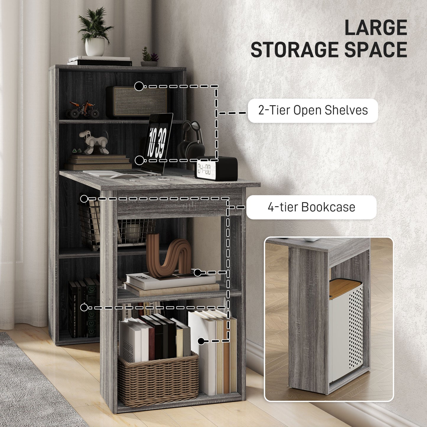 Computer Desk with Storage Bookshelf for Home Office Study Workstation Space Saving Furniture Grey Kids Crystal