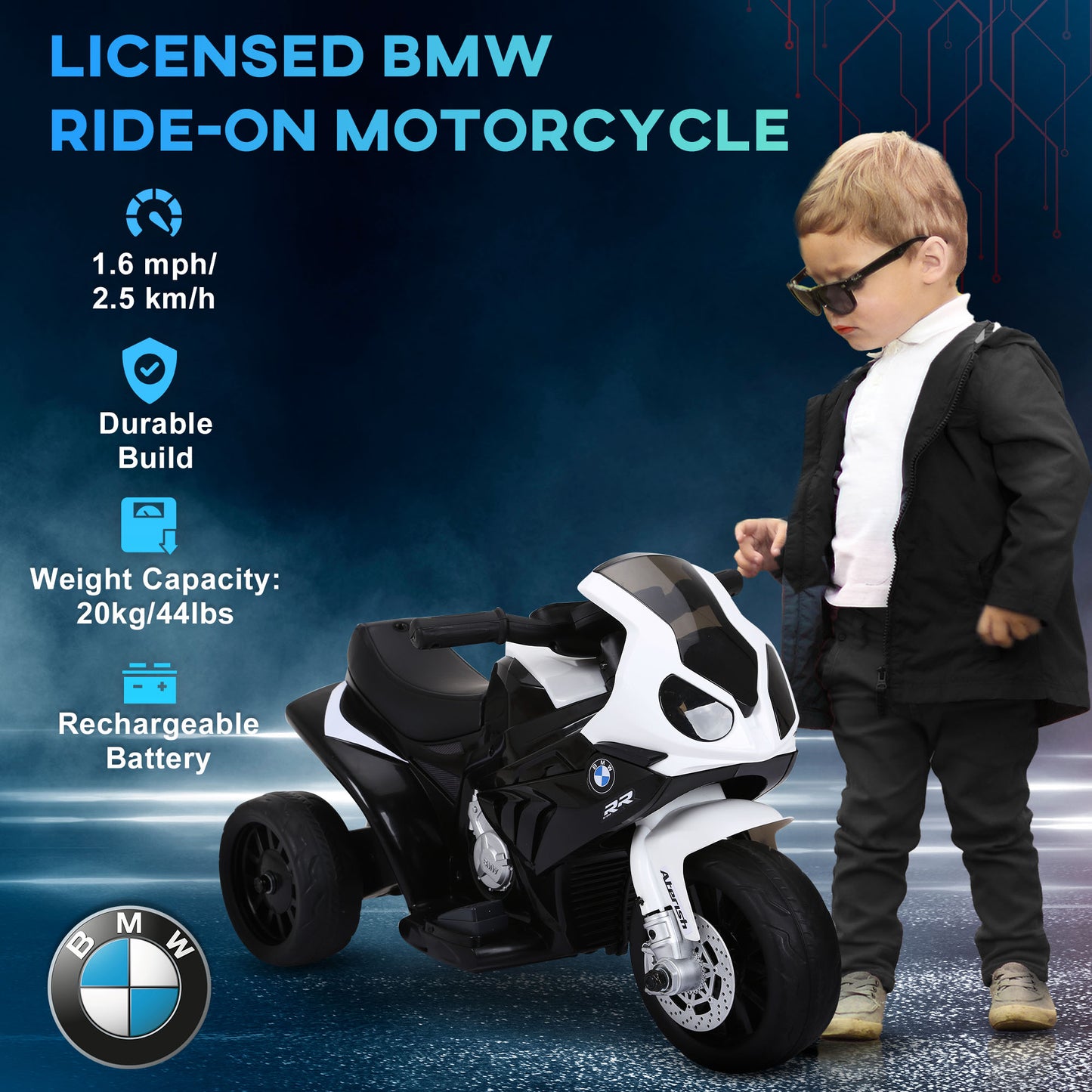 6V Kids Motorcycle Battery Powered Toddler Ride On with Headlight Music 3 Wheels Black Kids Crystal