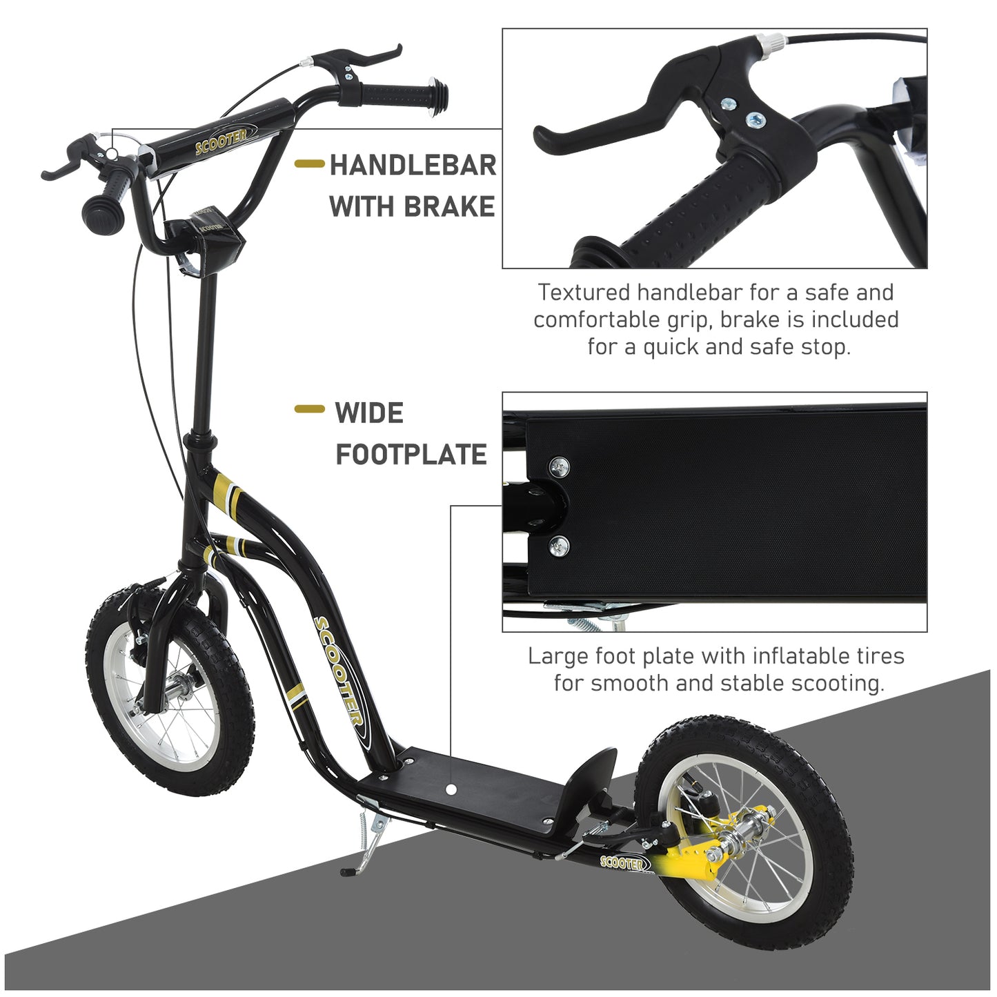Dual Brakes Kick Scooter 12-Inch Inflatable Front Wheel Ride On Toy for Age 5+, Black Kids Crystal