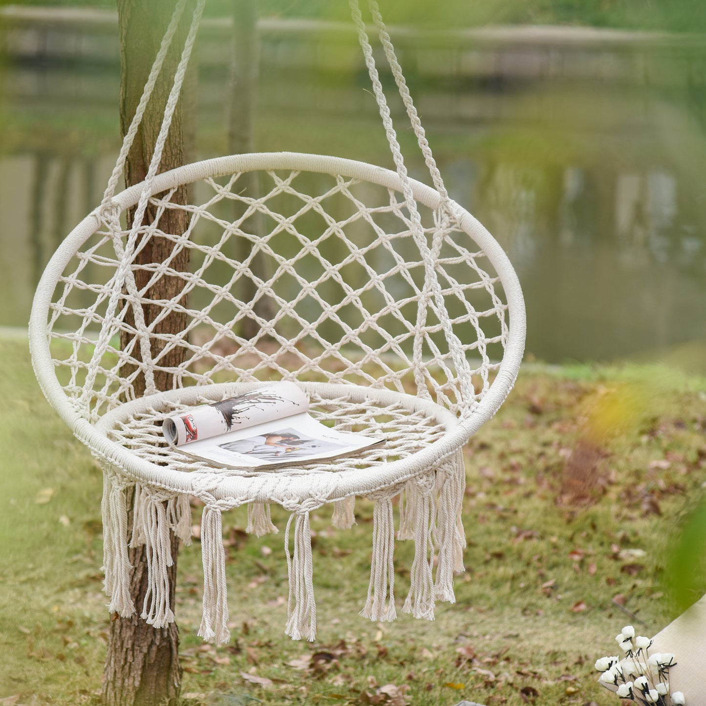 Hammock Chair Hanging Rope Swing Indoor Outdoor Backrest Cotton Polyester Fringe Tassels Cream White Kids Crystal