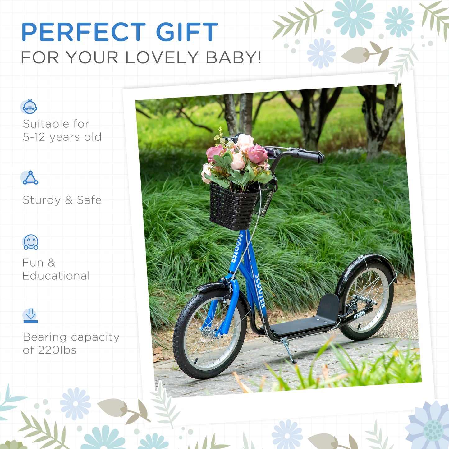 Youth Scooter Durable Kick Scooter for Kids Teens with Adjustable Handlebar Dual Brakes Basket Cupholder Mudguard Kids Crystal