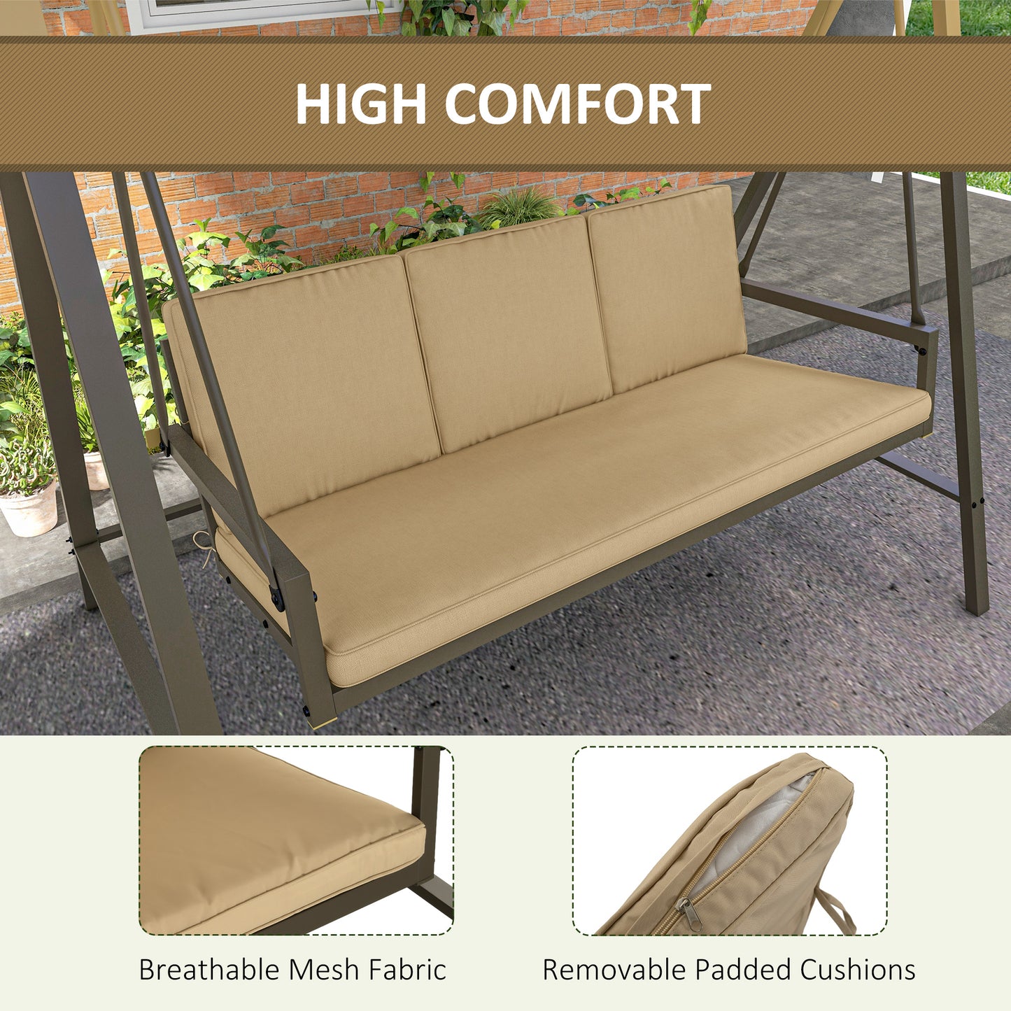 3 Seater Patio Swing Chair, Porch Swing with Adjustable Canopy and Removable Cushions, Outdoor Swing Seat, Beige