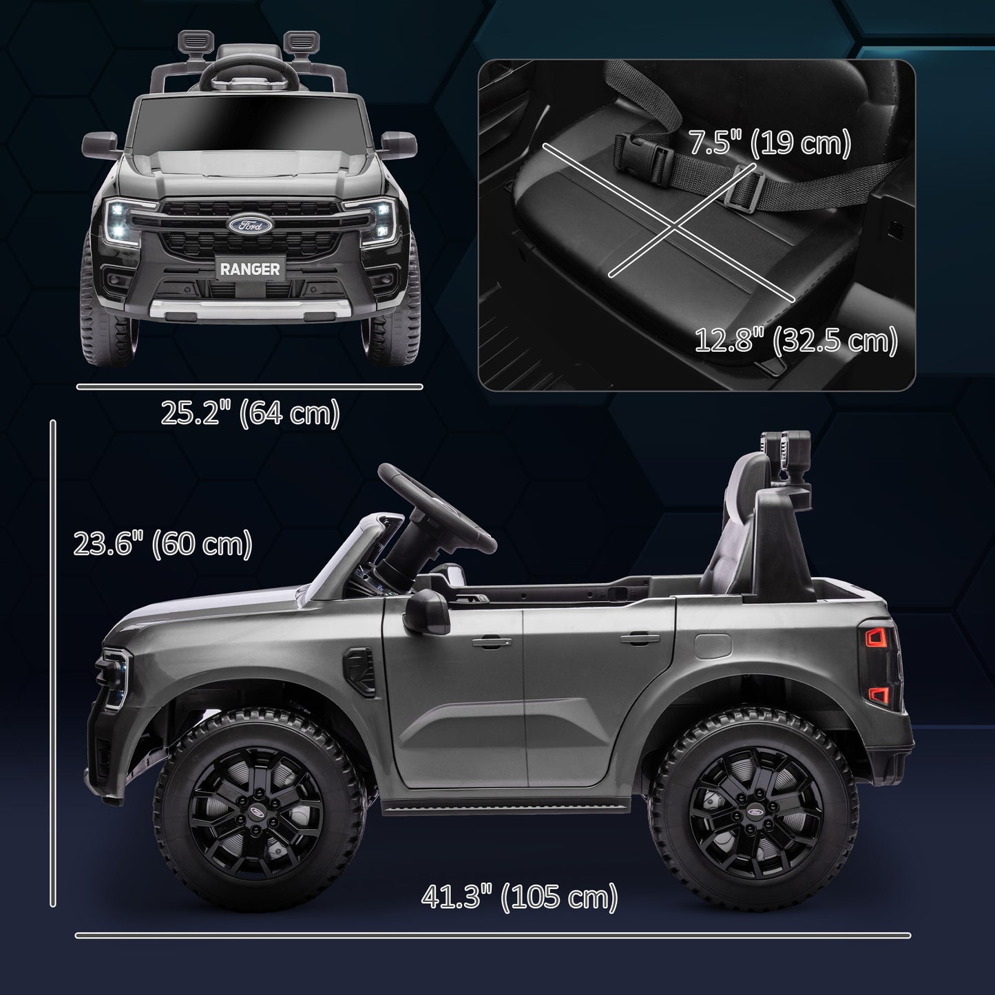 Ford Ranger Licensed 12V Ride on Car Battery Powered Kids Truck w/ Rear Storage Remote, Spring Suspension, Grey Kids Crystal