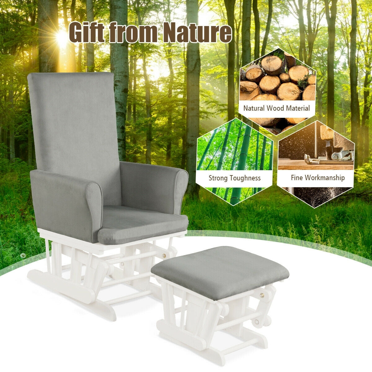 Baby Nursery Relax Rocker Rocking Chair Glider & Ottoman Set-Gray Kids Crystal