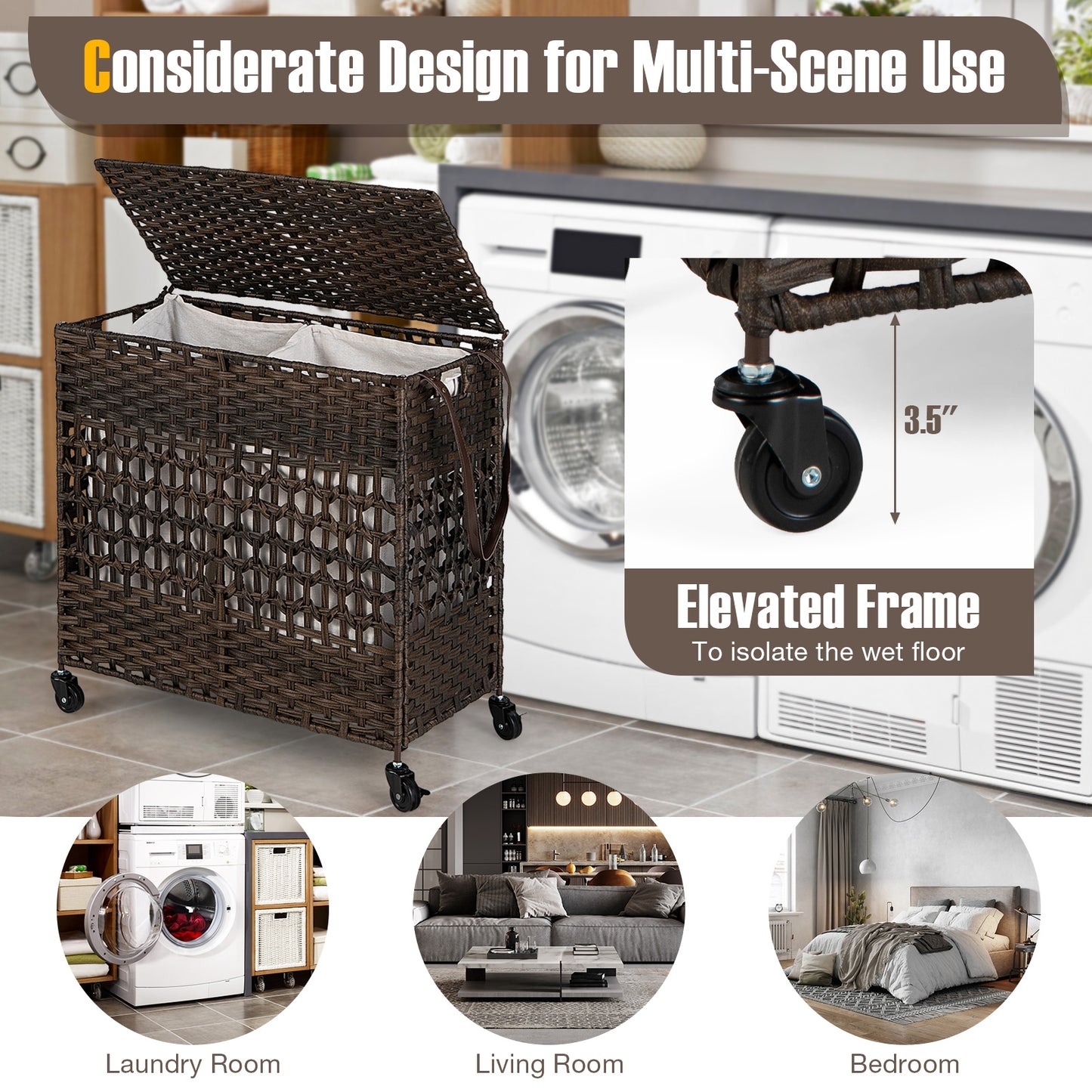 110L 2-Section Laundry Hamper with 2 Removable and Washable Liner Bags-Brown Kids Crystal