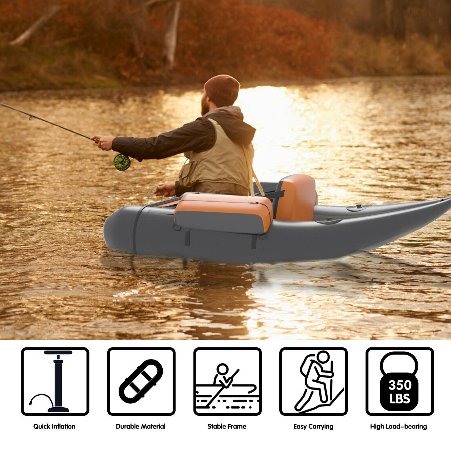 Inflatable Fishing Float Tube with Pump Storage Pockets and Fish Ruler-Gray Kids Crystal