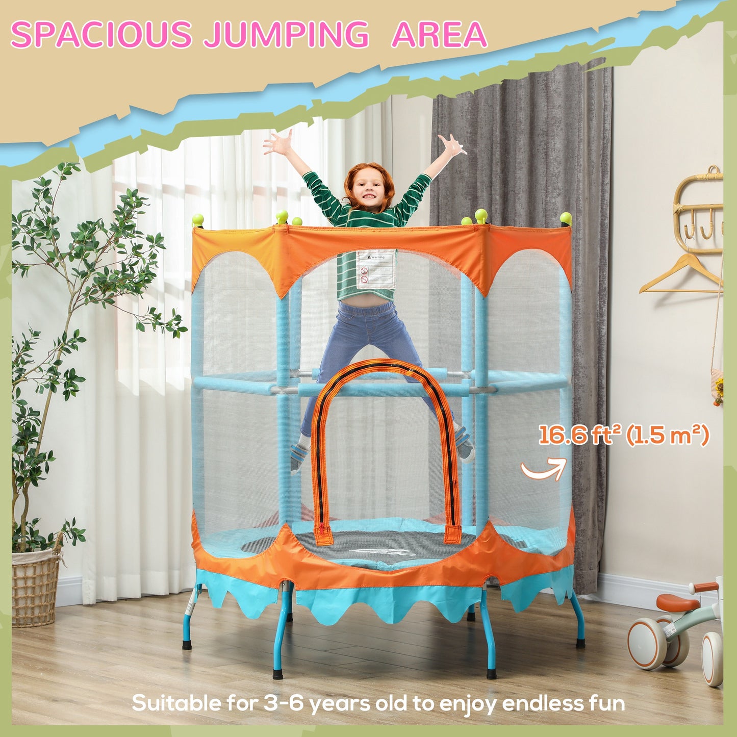 Trampoline for Kids, 4.6FT Mini Toddler Trampoline Indoor Outdoor with Handlebar, Safety Enclosure Net, Blue Kids Crystal