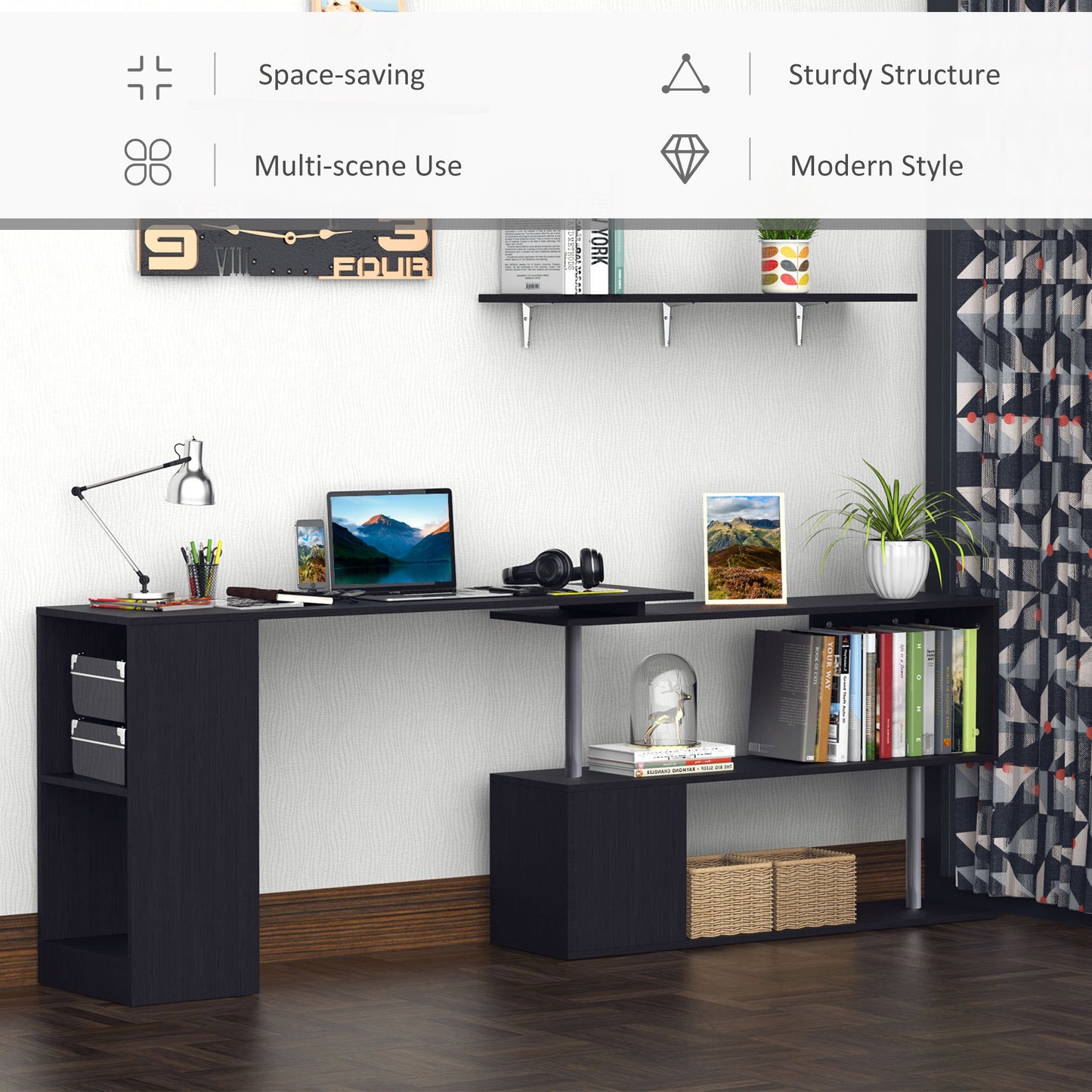 55&" Black Corner Computer Desk - 360° Rotating L-Shaped Workstation with 3-Tier Shelves & Bookshelf Kids Crystal