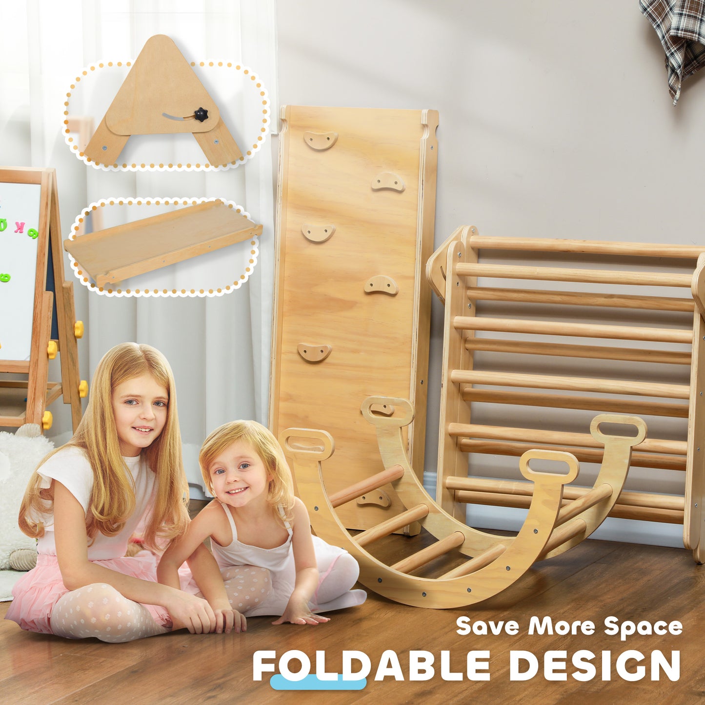 5 in 1 Pikler Triangle Set with Ladder, Ramp, Arch, for 18-48 months, Nature Wood Kids Crystal