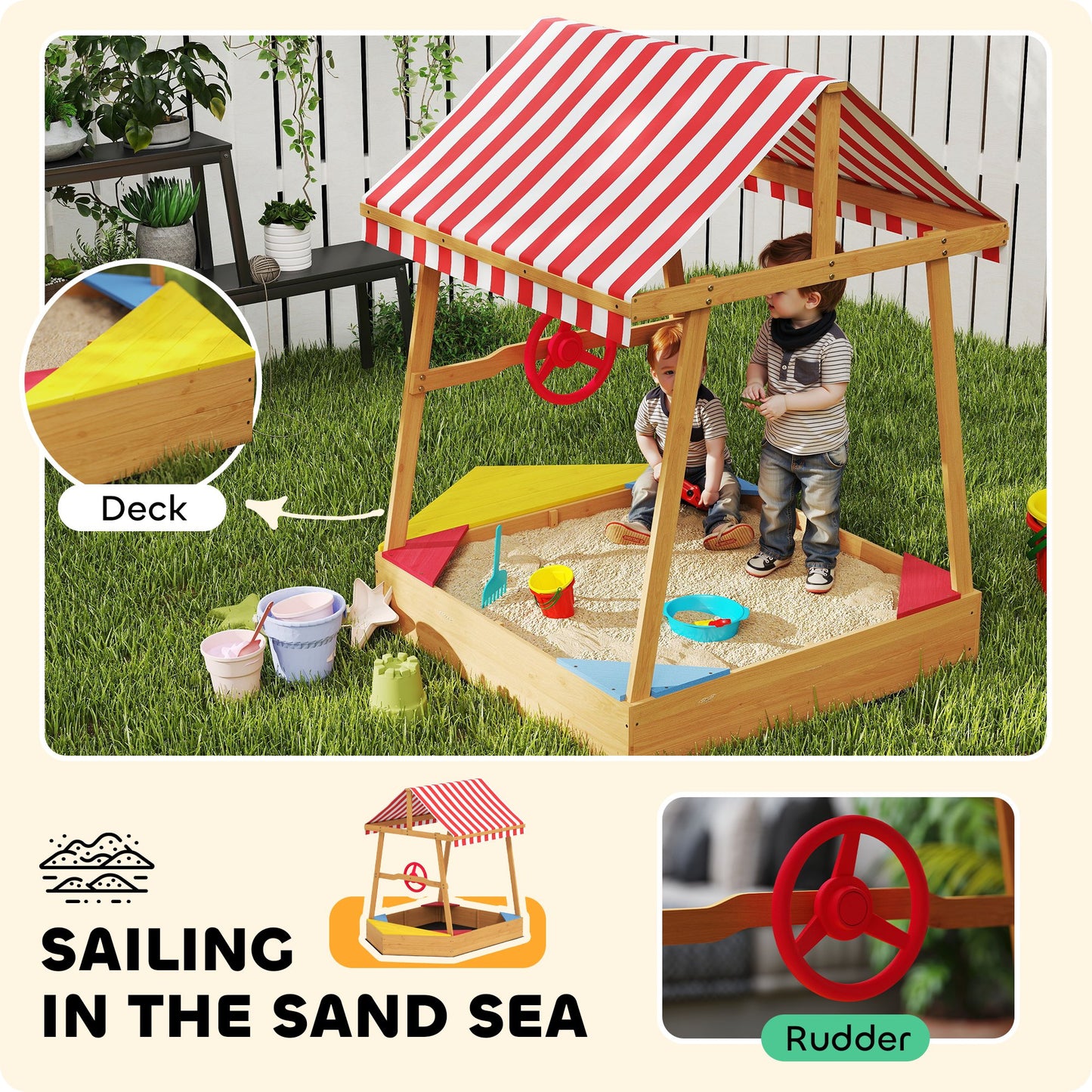 Wooden Kids Sandbox with Cover, 4 Seats, Rudder, Deck, Bottom Liner, 52" x 40" x 55.5" for Ages 3-8, Yellow Kids Crystal