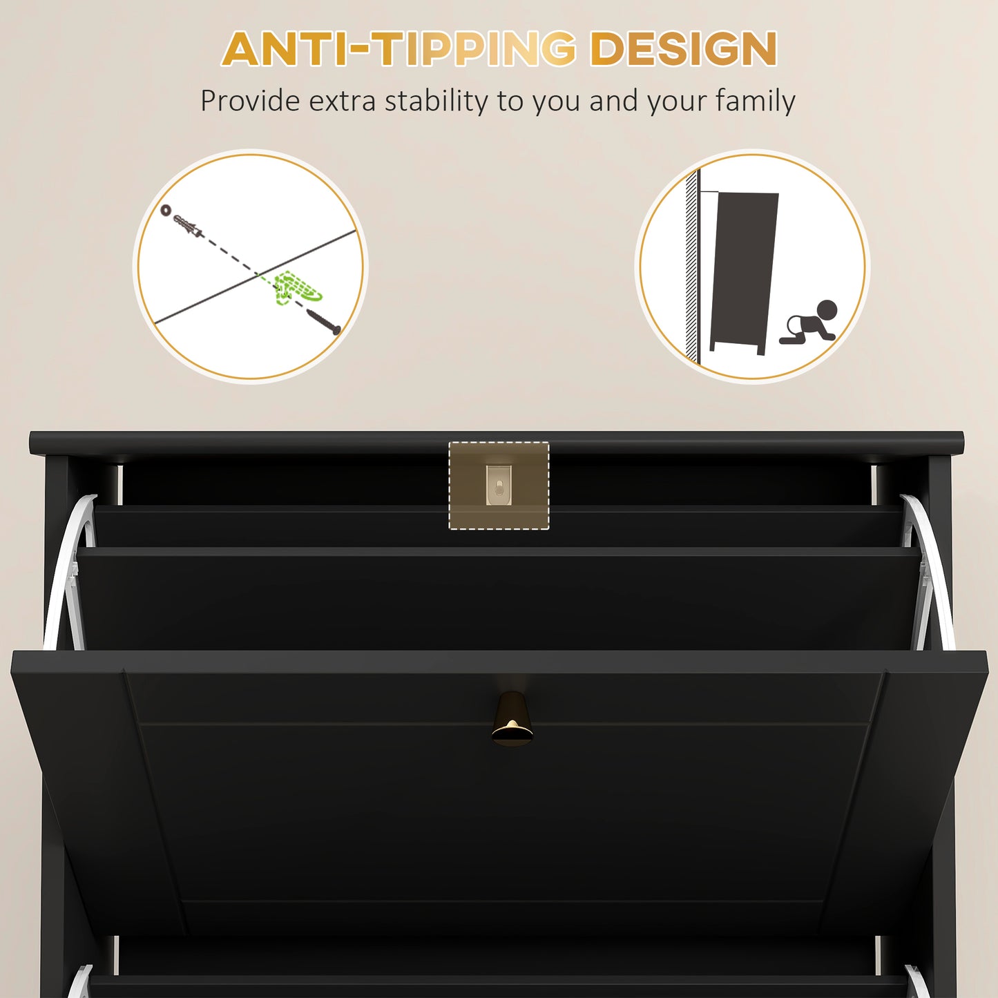 Narrow Shoe Storage 3 Flip Drawers Adjustable Shelves Shoe Organizer 12 Pairs Black Space Saving Kids Crystal