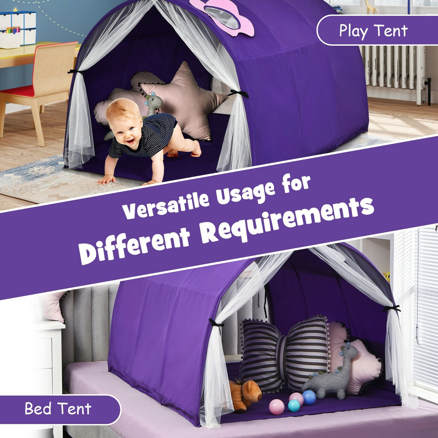 Kids Portable Galaxy Starry Sky Dream Portable Play Tent with Double Net Curtain-Purple Kids Crystal