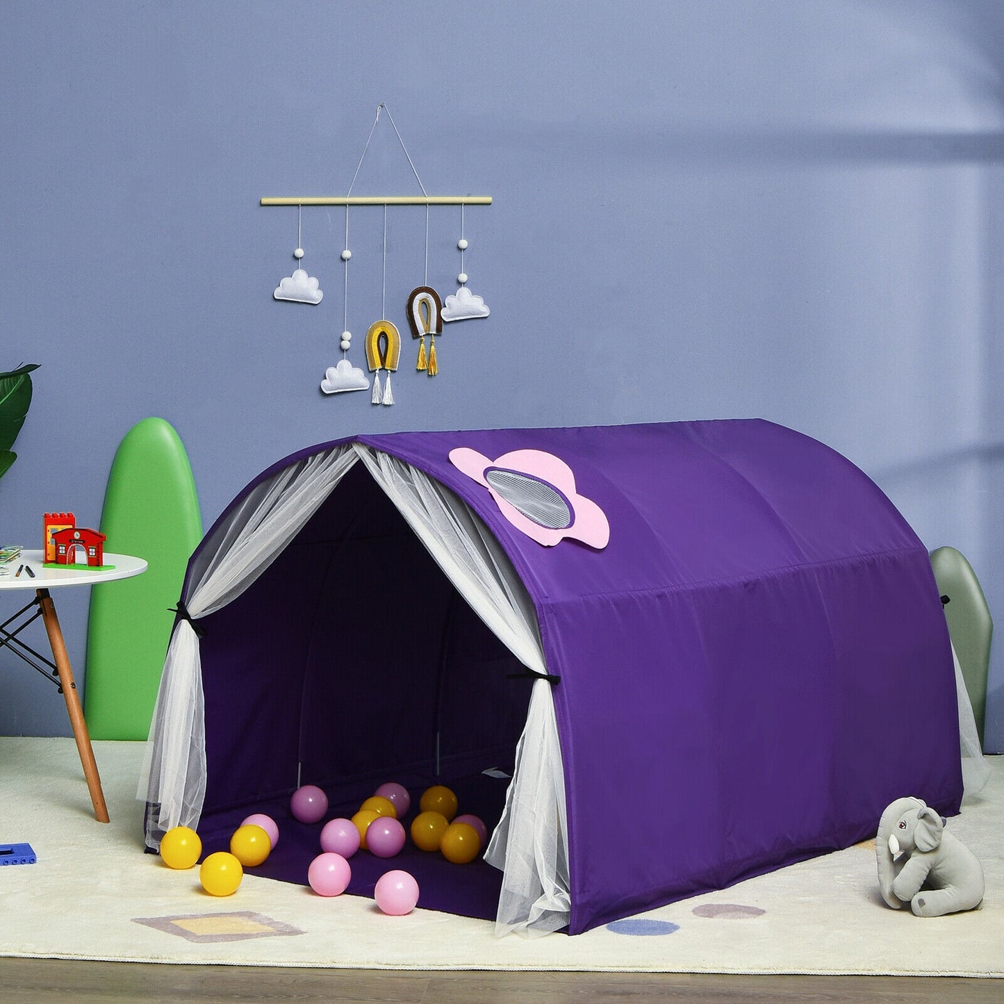 Kids Portable Galaxy Starry Sky Dream Portable Play Tent with Double Net Curtain-Purple Kids Crystal