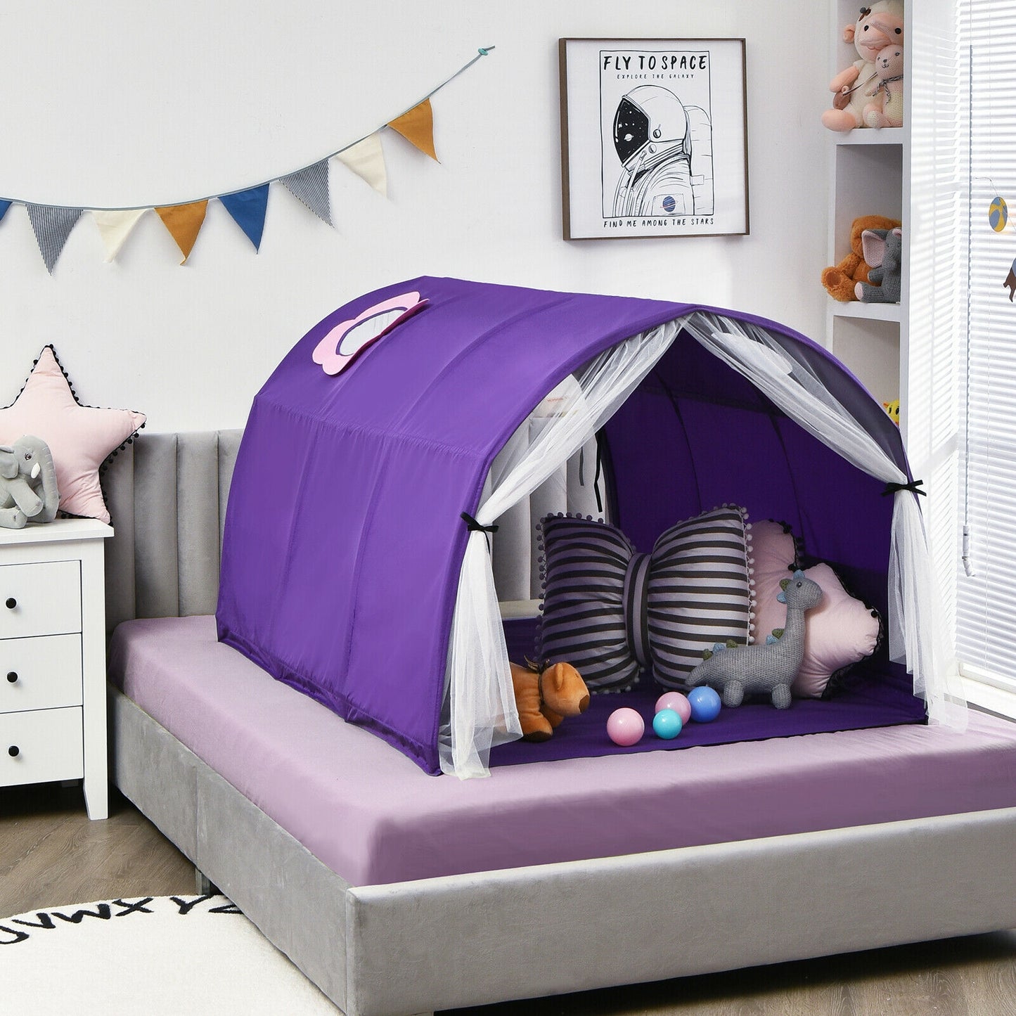 Kids Portable Galaxy Starry Sky Dream Portable Play Tent with Double Net Curtain-Purple Kids Crystal