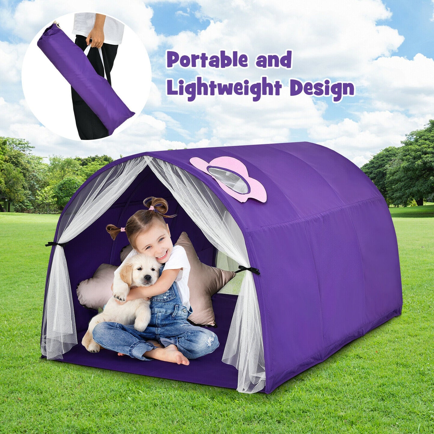 Kids Portable Galaxy Starry Sky Dream Portable Play Tent with Double Net Curtain-Purple Kids Crystal