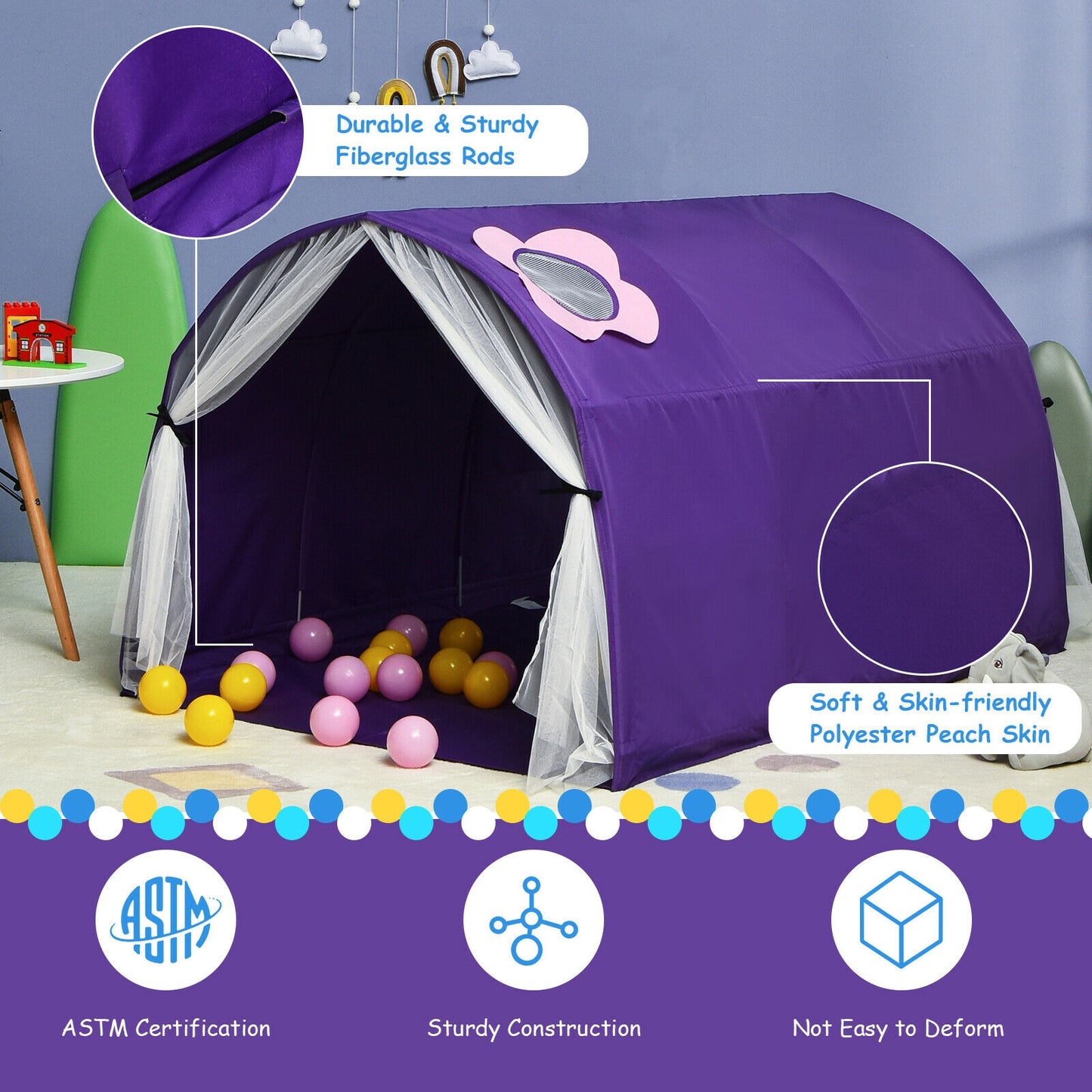 Kids Portable Galaxy Starry Sky Dream Portable Play Tent with Double Net Curtain-Purple Kids Crystal