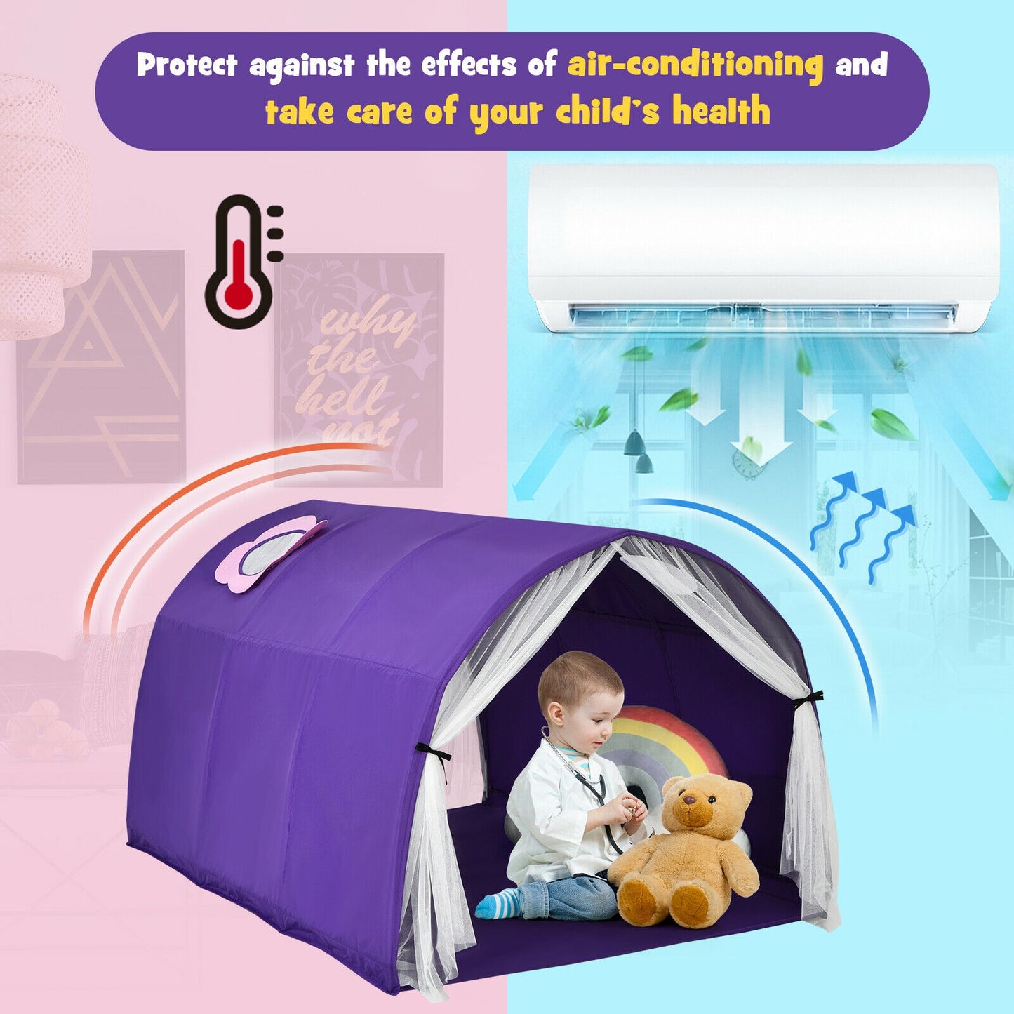 Kids Portable Galaxy Starry Sky Dream Portable Play Tent with Double Net Curtain-Purple Kids Crystal