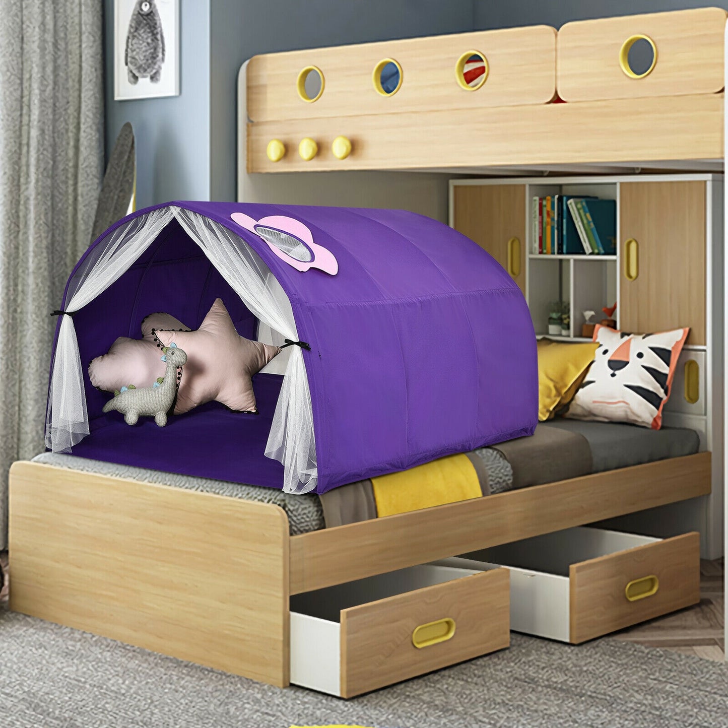 Kids Portable Galaxy Starry Sky Dream Portable Play Tent with Double Net Curtain-Purple Kids Crystal