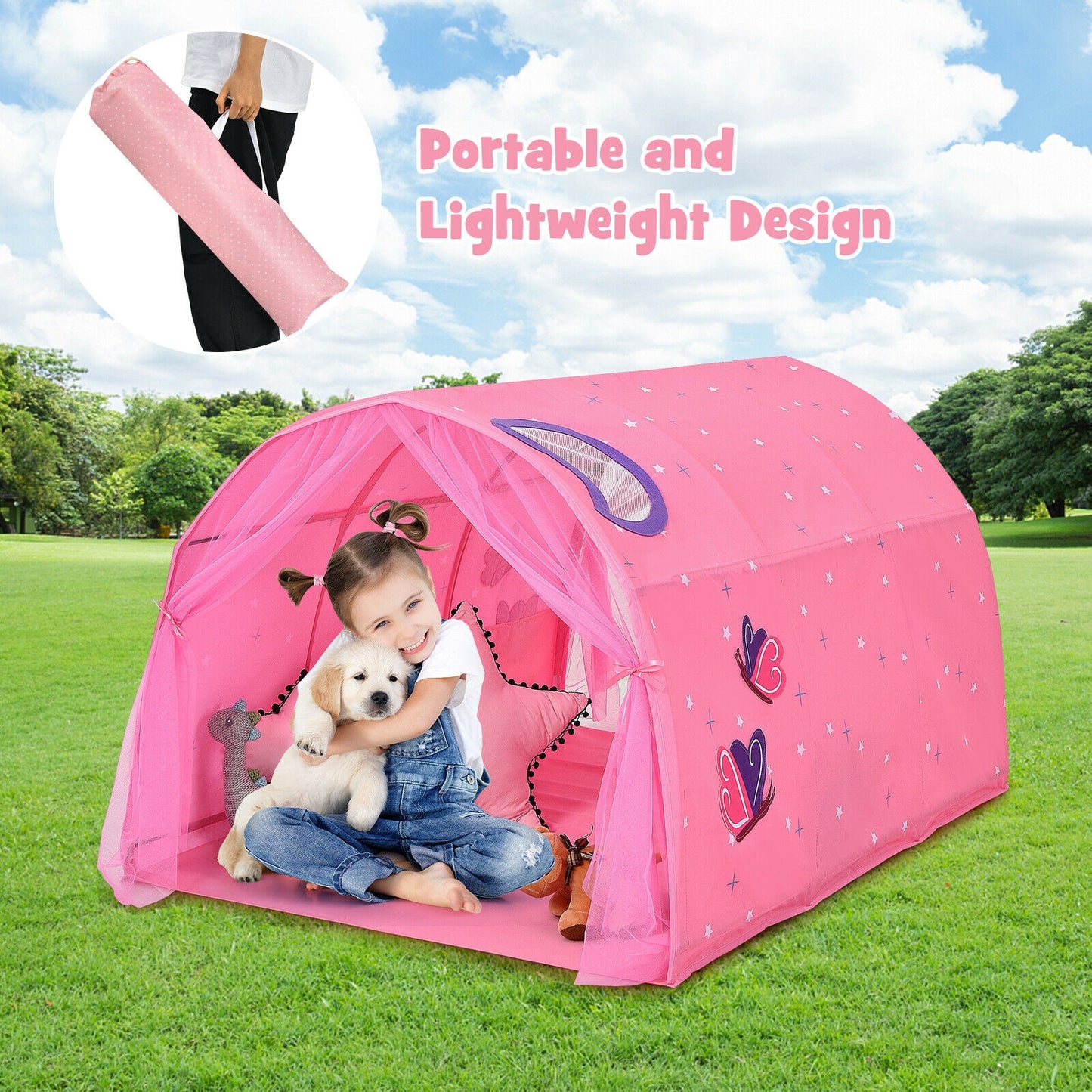 Kids Galaxy Starry Sky Dream Portable Play Tent with Double Net Curtain-Pink Kids Crystal