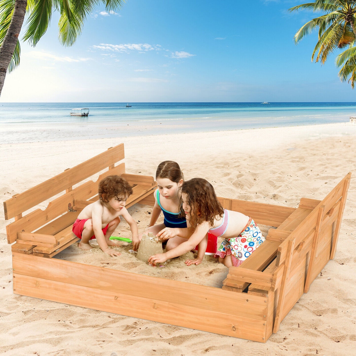 Kids Wooden Sandbox with 2 Foldable Bench Seats Kids Crystal