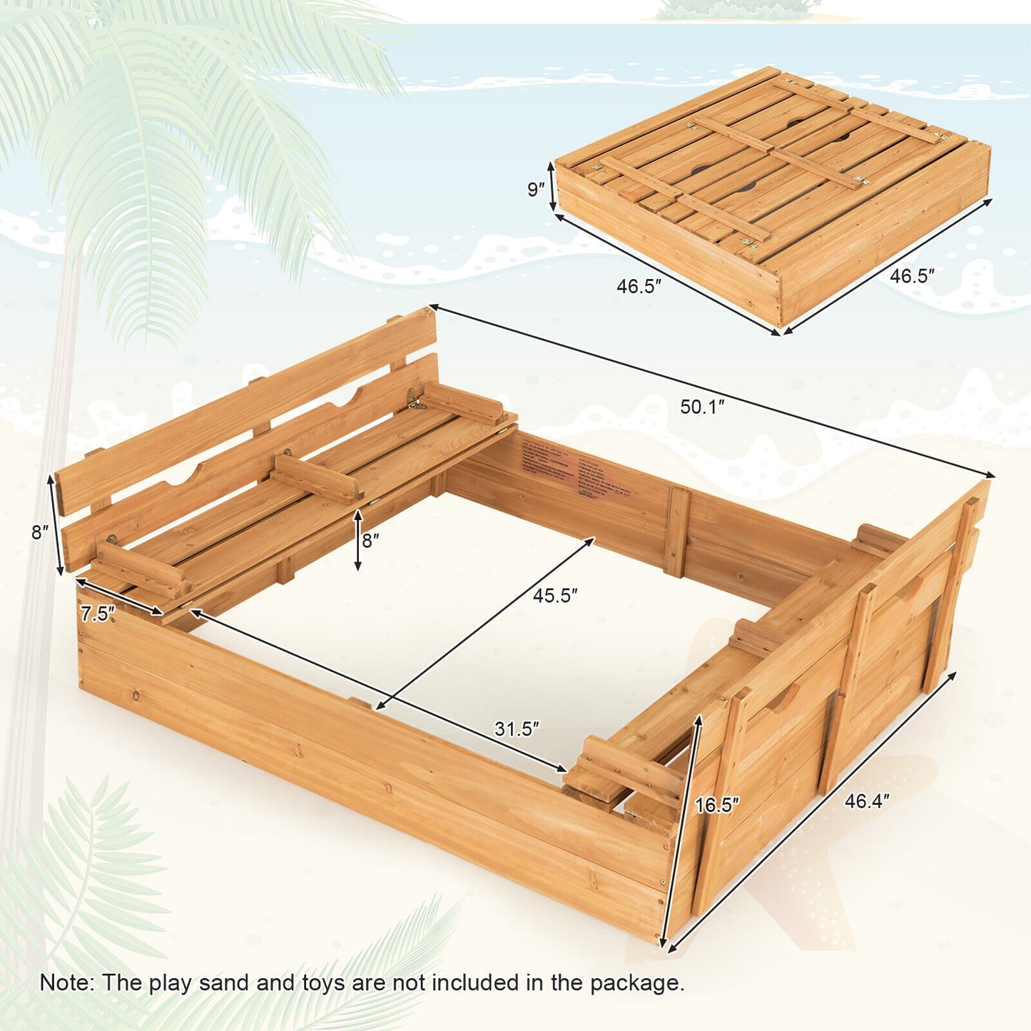 Kids Wooden Sandbox with 2 Foldable Bench Seats Kids Crystal