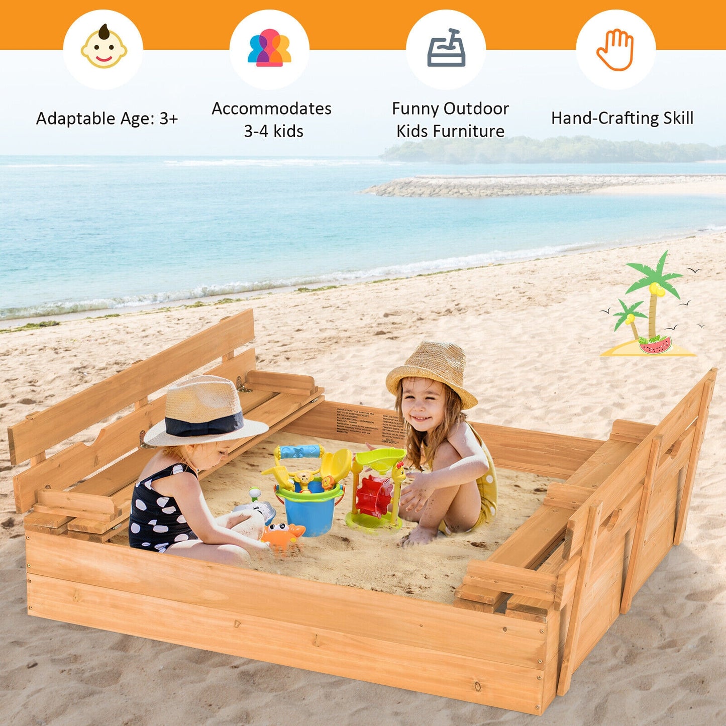 Kids Wooden Sandbox with 2 Foldable Bench Seats Kids Crystal
