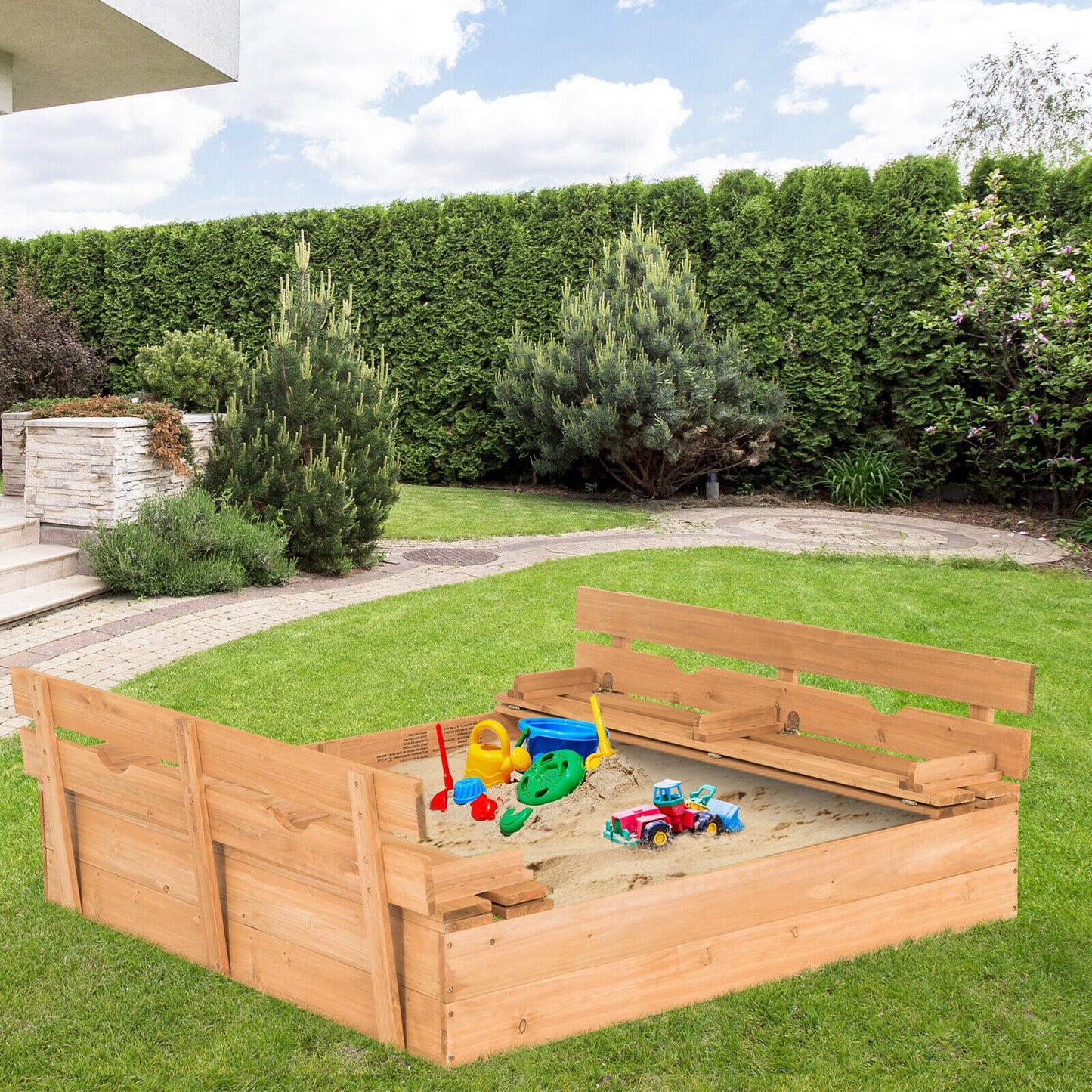 Kids Wooden Sandbox with 2 Foldable Bench Seats Kids Crystal