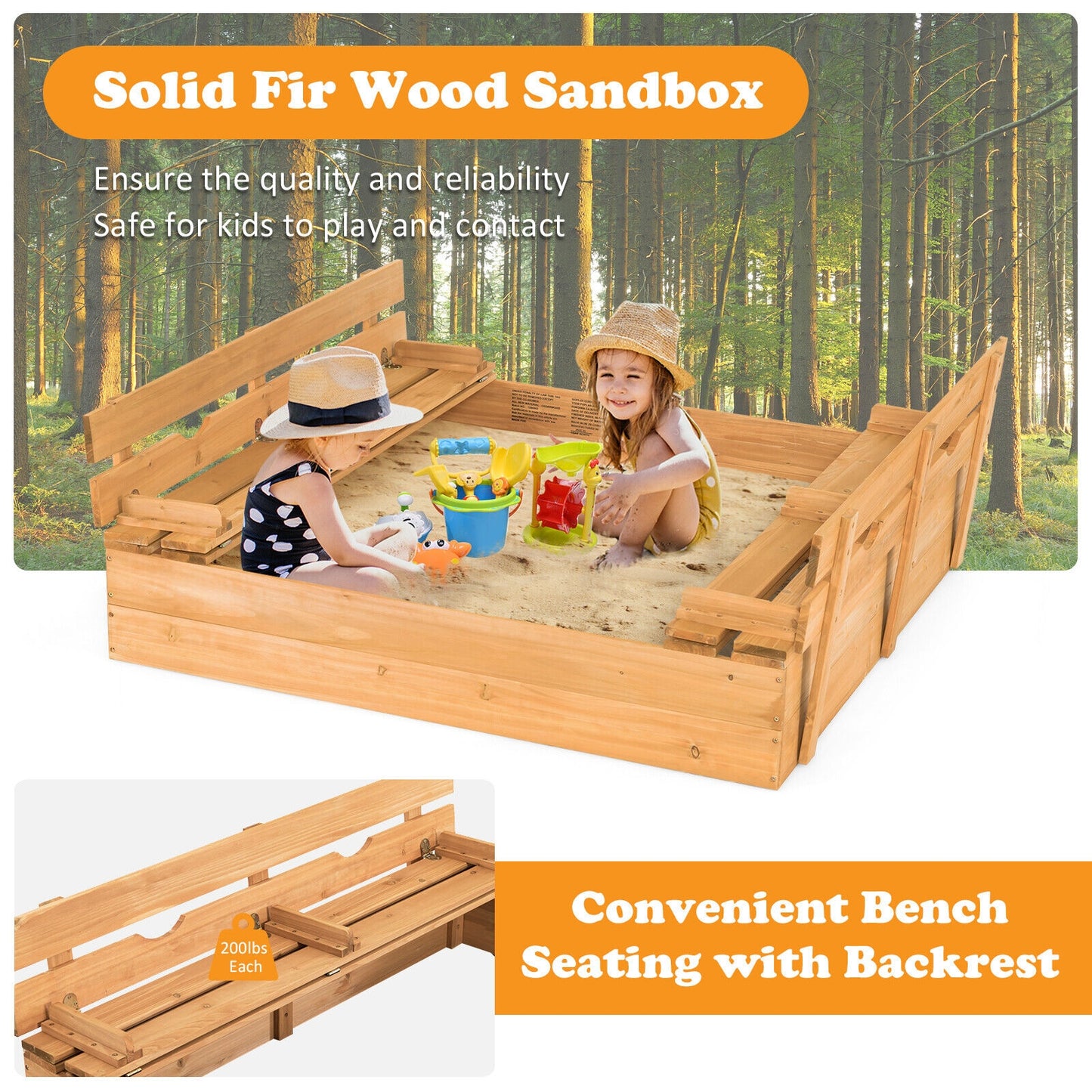 Kids Wooden Sandbox with 2 Foldable Bench Seats Kids Crystal