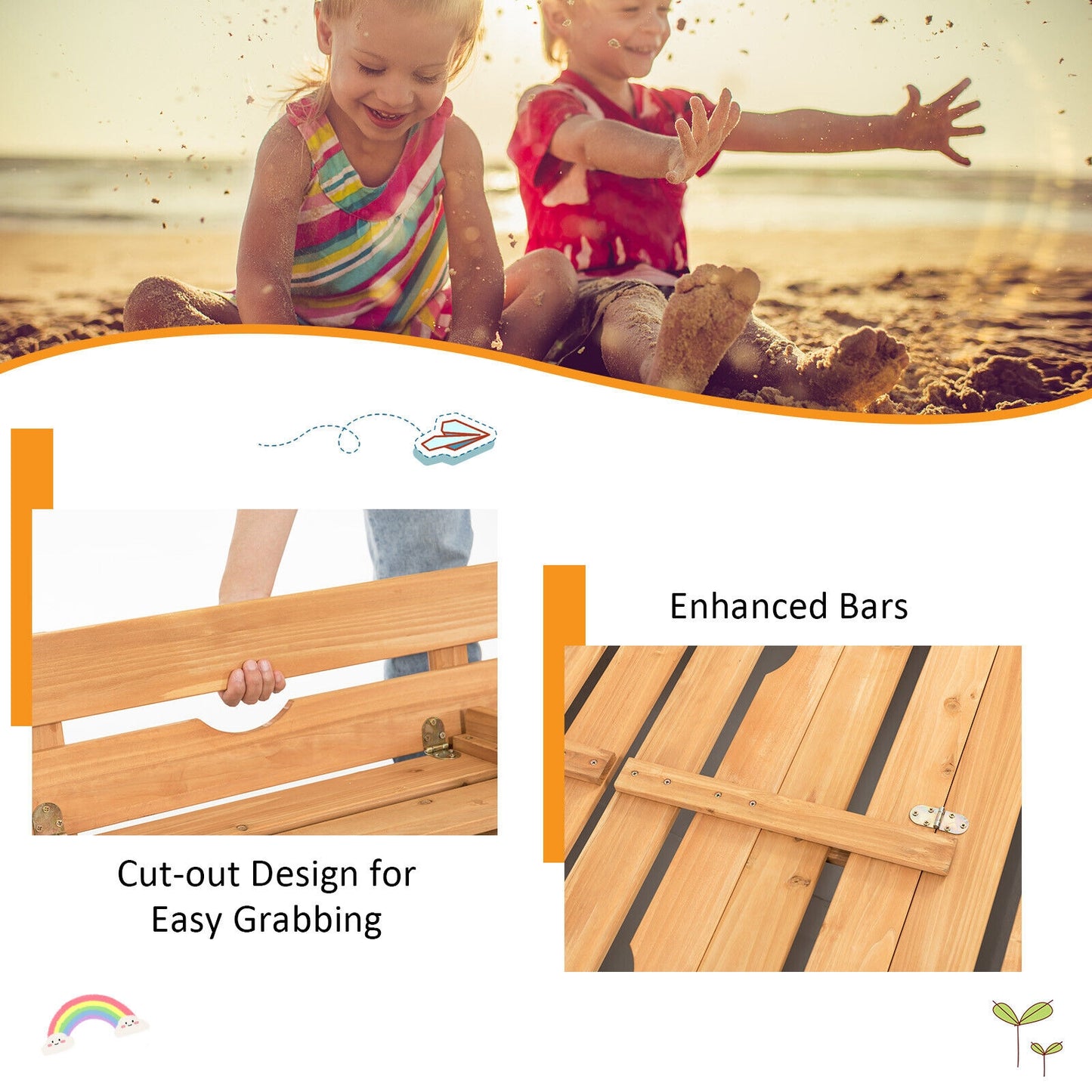 Kids Wooden Sandbox with 2 Foldable Bench Seats Kids Crystal