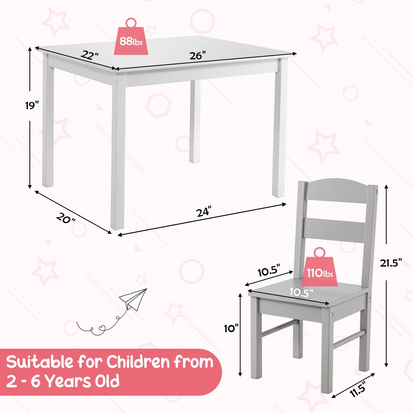 Kids 5 Piece Table and Chair Set Wooden Children Activity Playroom Furniture Gift-White Kids Crystal