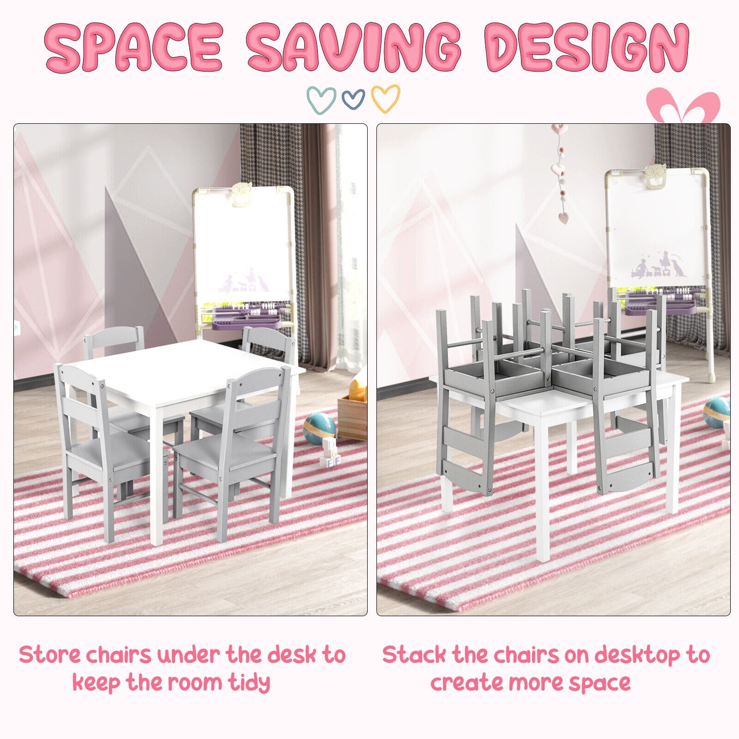 Kids 5 Piece Table and Chair Set Wooden Children Activity Playroom Furniture Gift-White Kids Crystal