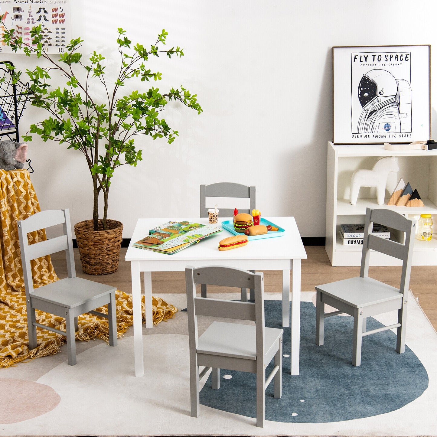 Kids 5 Piece Table and Chair Set Wooden Children Activity Playroom Furniture Gift-White Kids Crystal