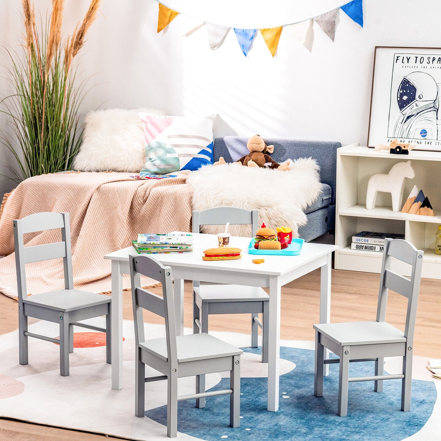 Kids 5 Piece Table and Chair Set Wooden Children Activity Playroom Furniture Gift-White Kids Crystal