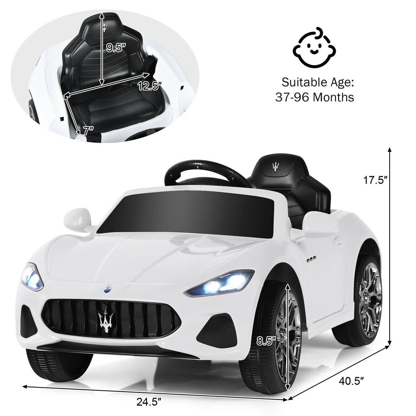 12V Kids Ride-On Car with Remote Control and Lights-White Kids Crystal