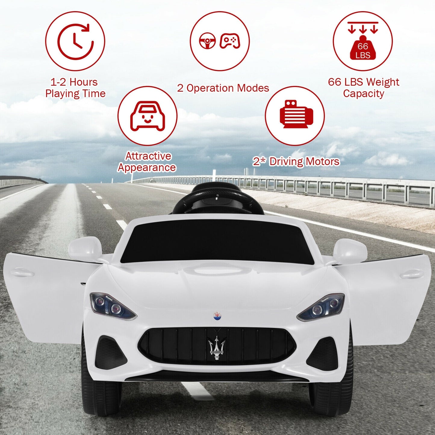 12V Kids Ride-On Car with Remote Control and Lights-White Kids Crystal