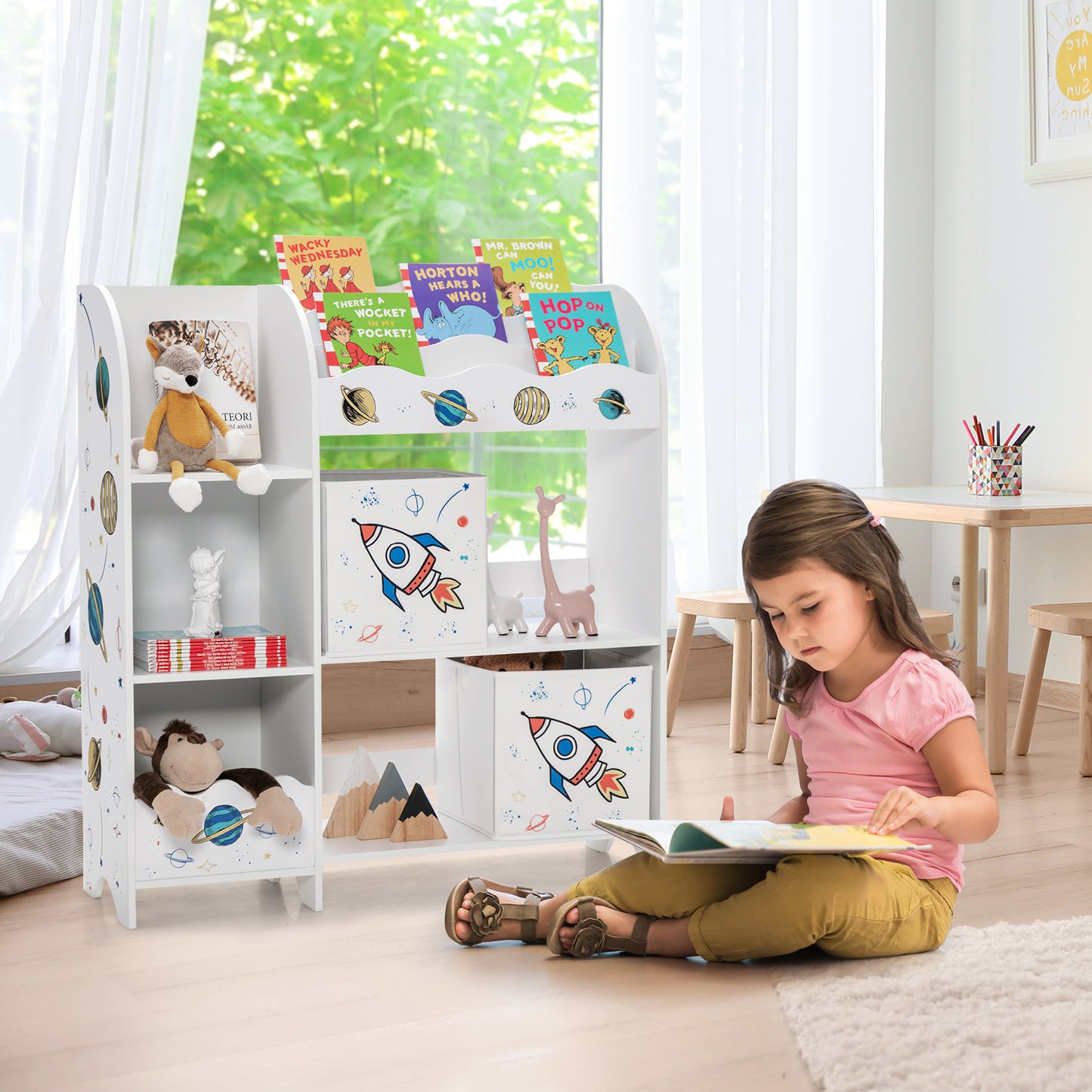 Wooden Children Storage Cabinet with 5 Storage Bins Kids Crystal